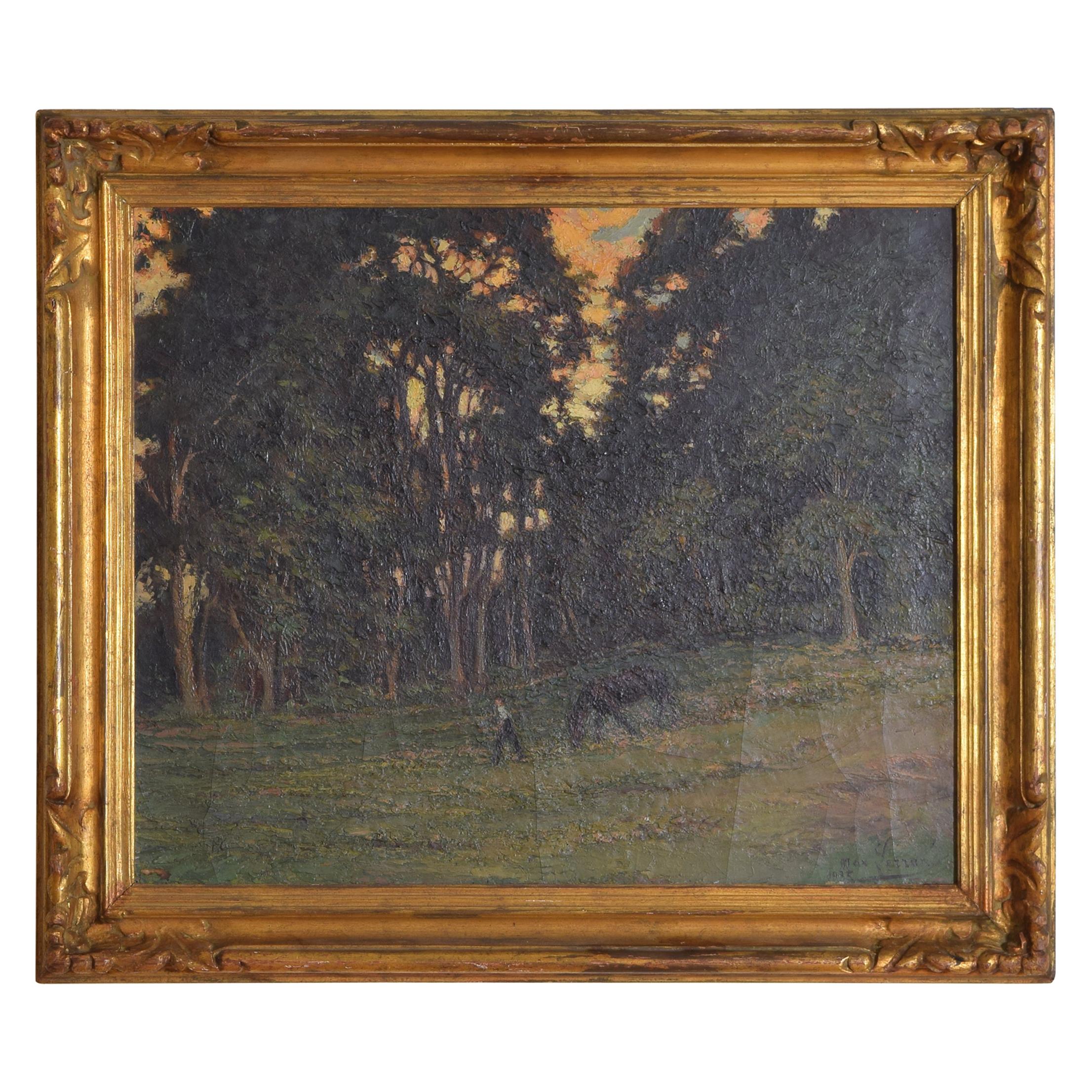 French Oil on Canvas Horse Being Led through Field Signed Lower Right circa 1920