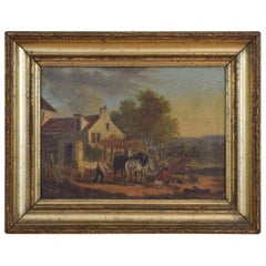 French Oil on Canvas in Giltwood Frame, Genre Scene with Farmhouse, 19th Century
