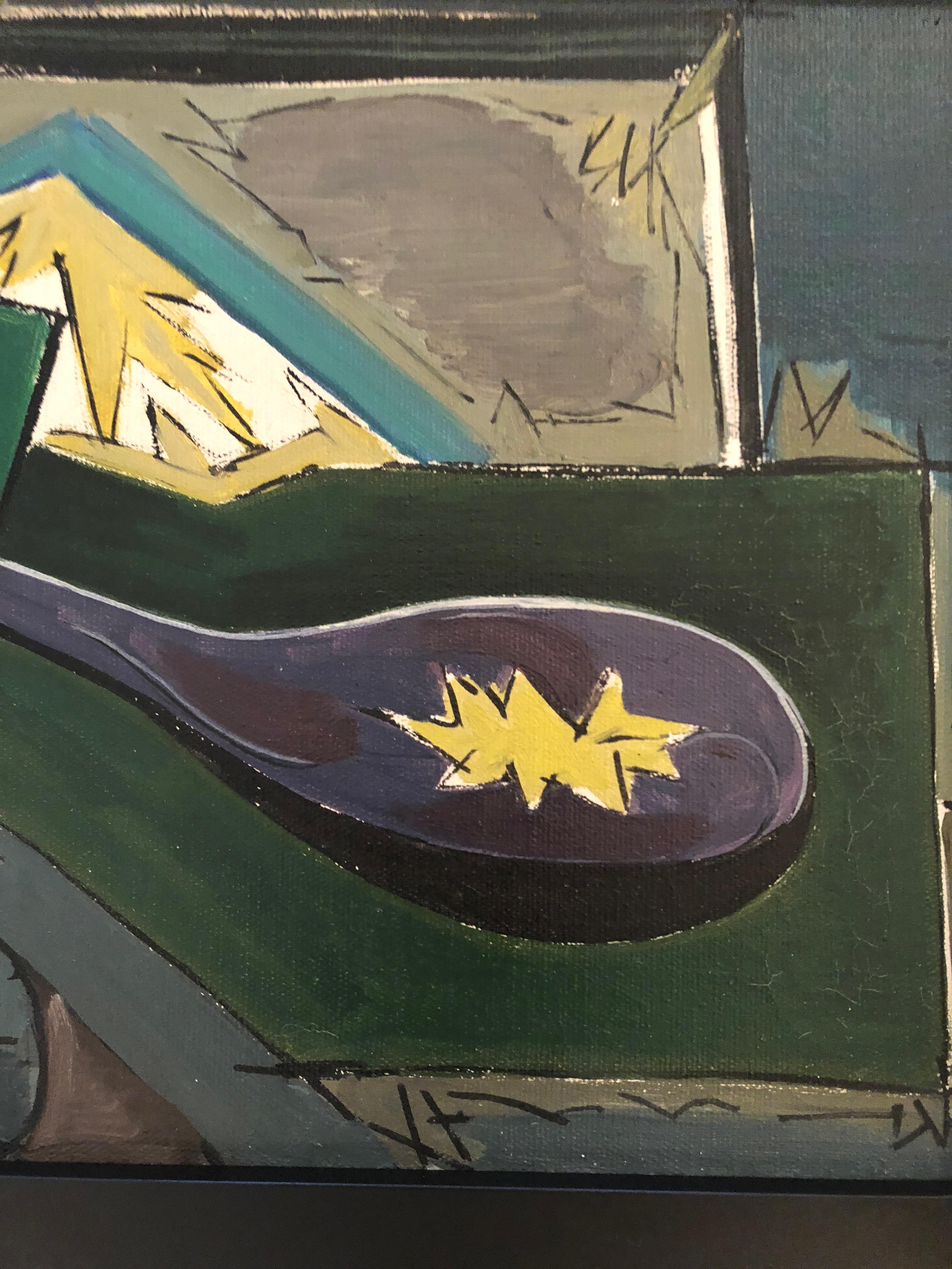 Sophisticated still life of spoon in the style of Braque. Titled La Louche, oil on canvas by Saint Maur (1906-1970), signed LL, titled and inscribed Paris on the reverse.