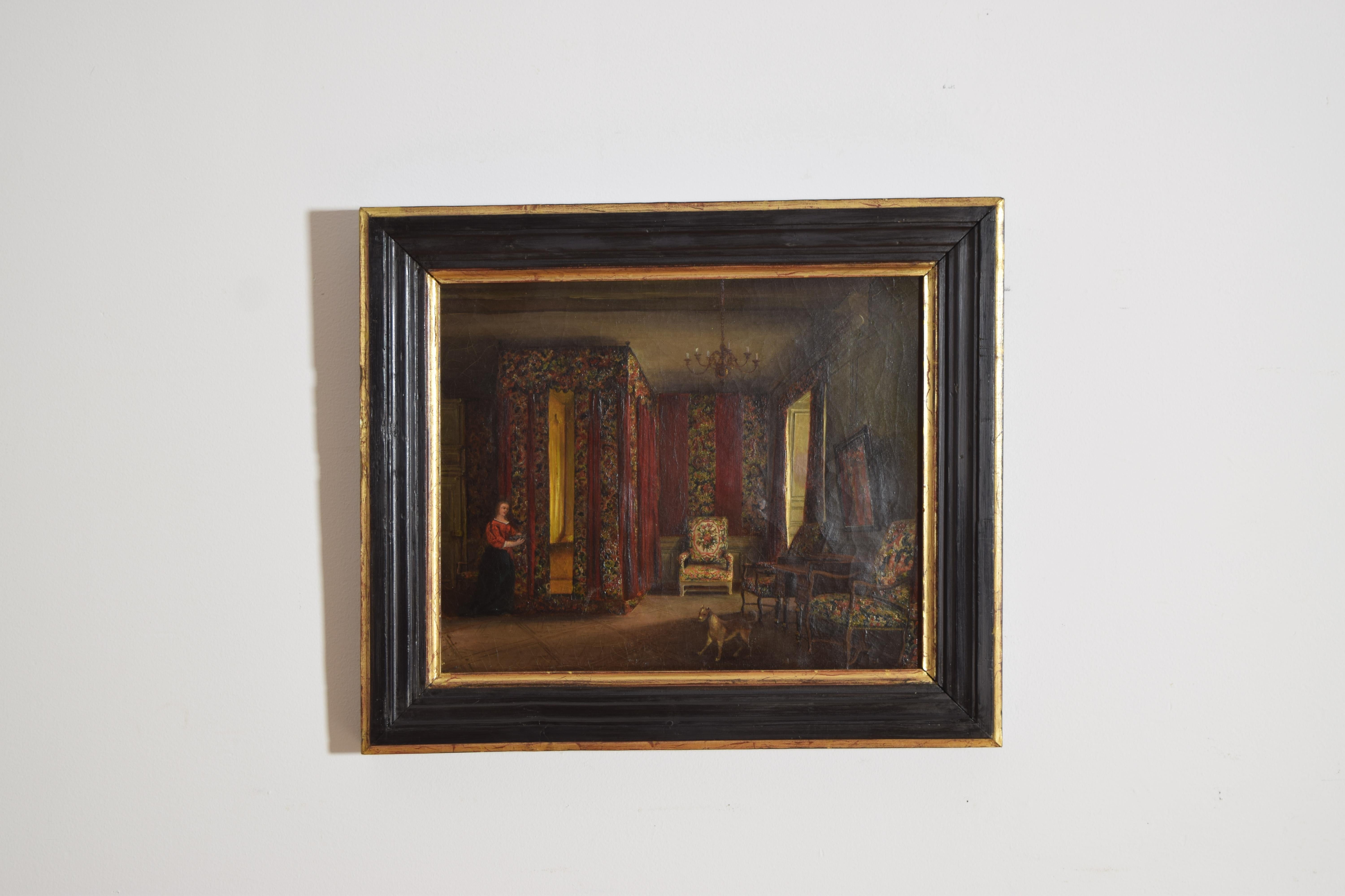 scena d'interno con una camera da letto riccamente arredata degli inizi del XIX secolo con una donna e un cane, che conserva la cornice d'epoca in legno ebanizzato e dorato