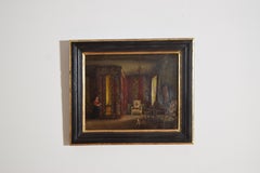 French Oil on Canvas, Interior Bed Chamber with Figure & Dog, early 19th century