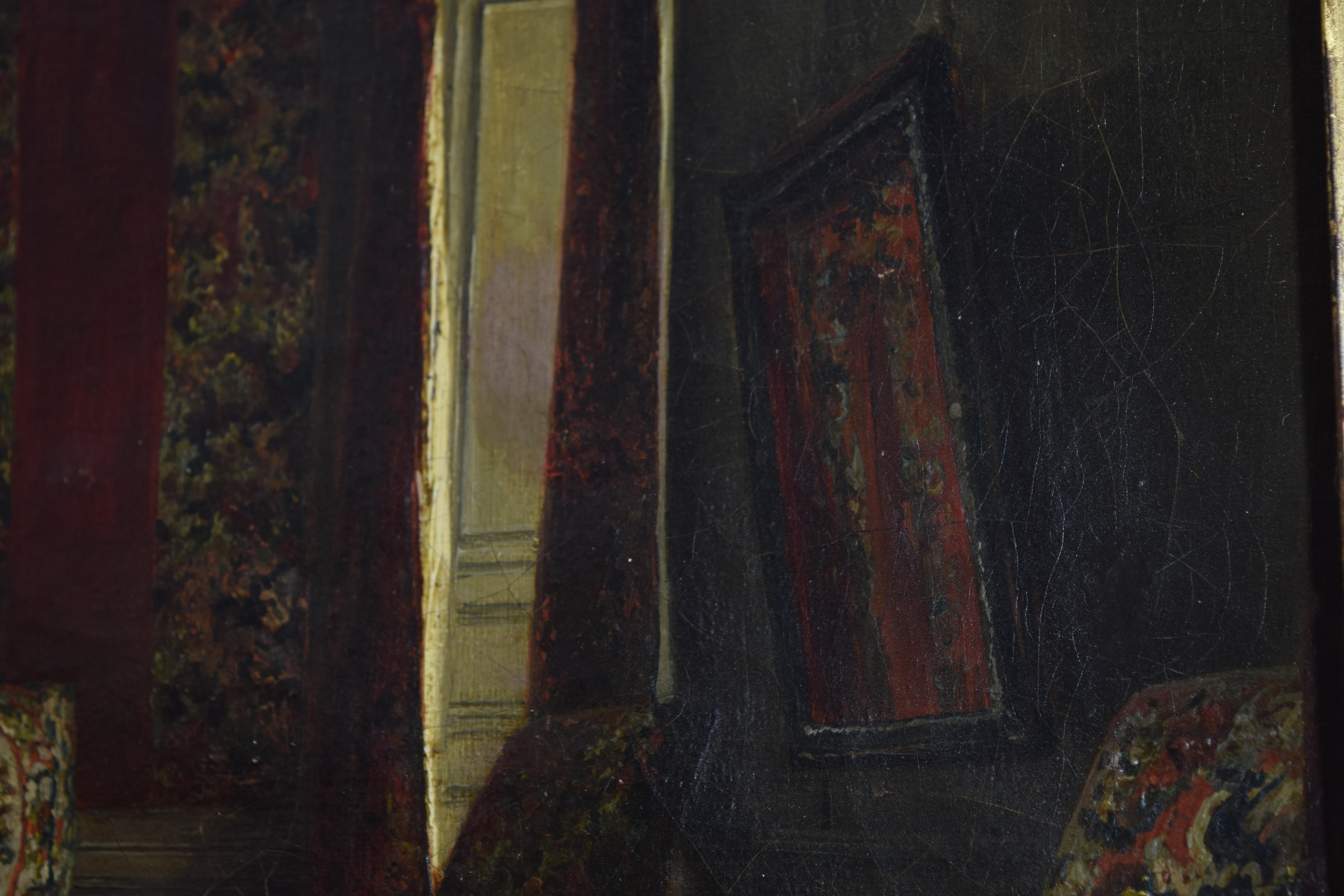 Pittura Olio francese su tela, Interno di camera da letto con figura e cane, inizio XIX secolo in vendita