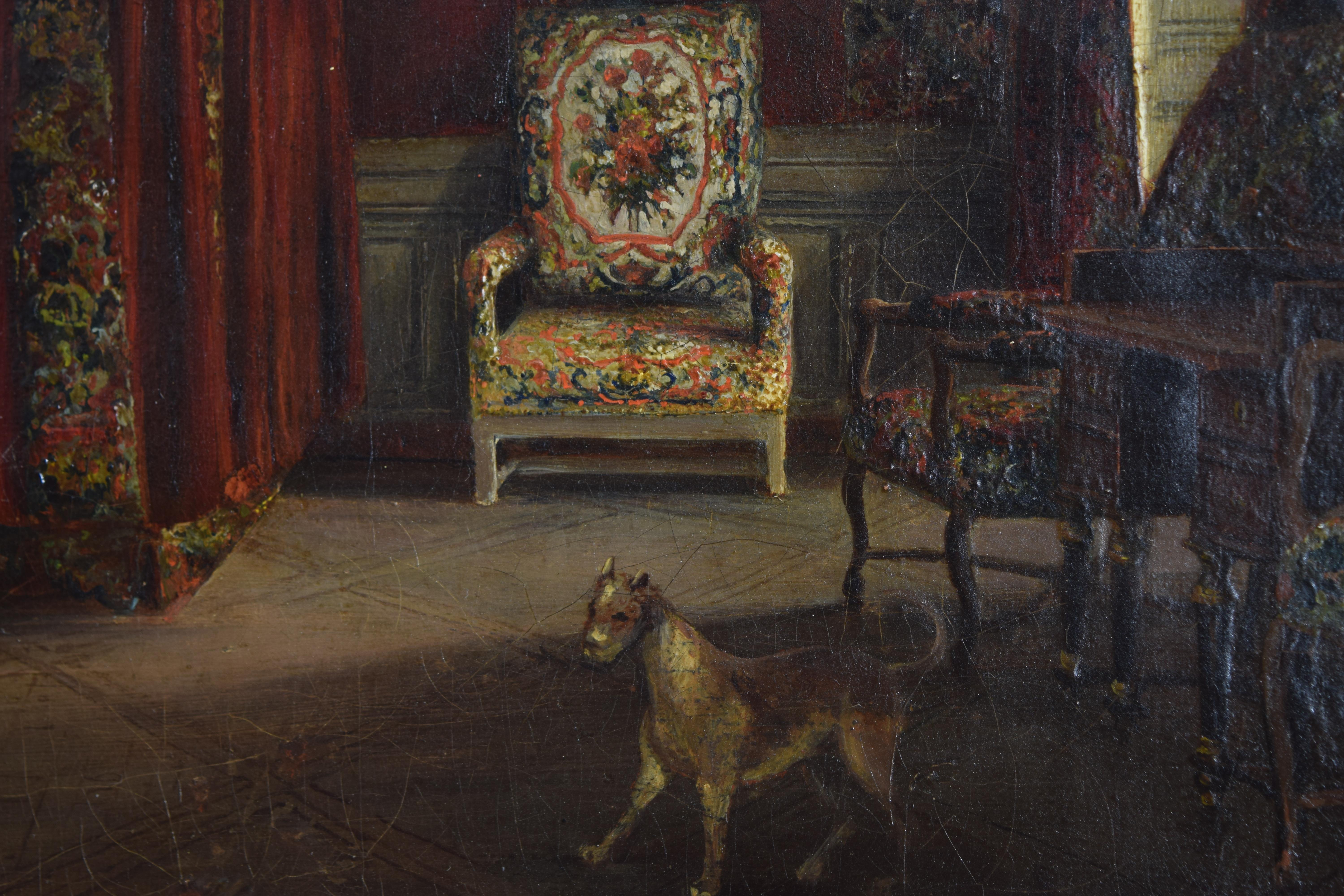 Olio francese su tela, Interno di camera da letto con figura e cane, inizio XIX secolo in vendita 1