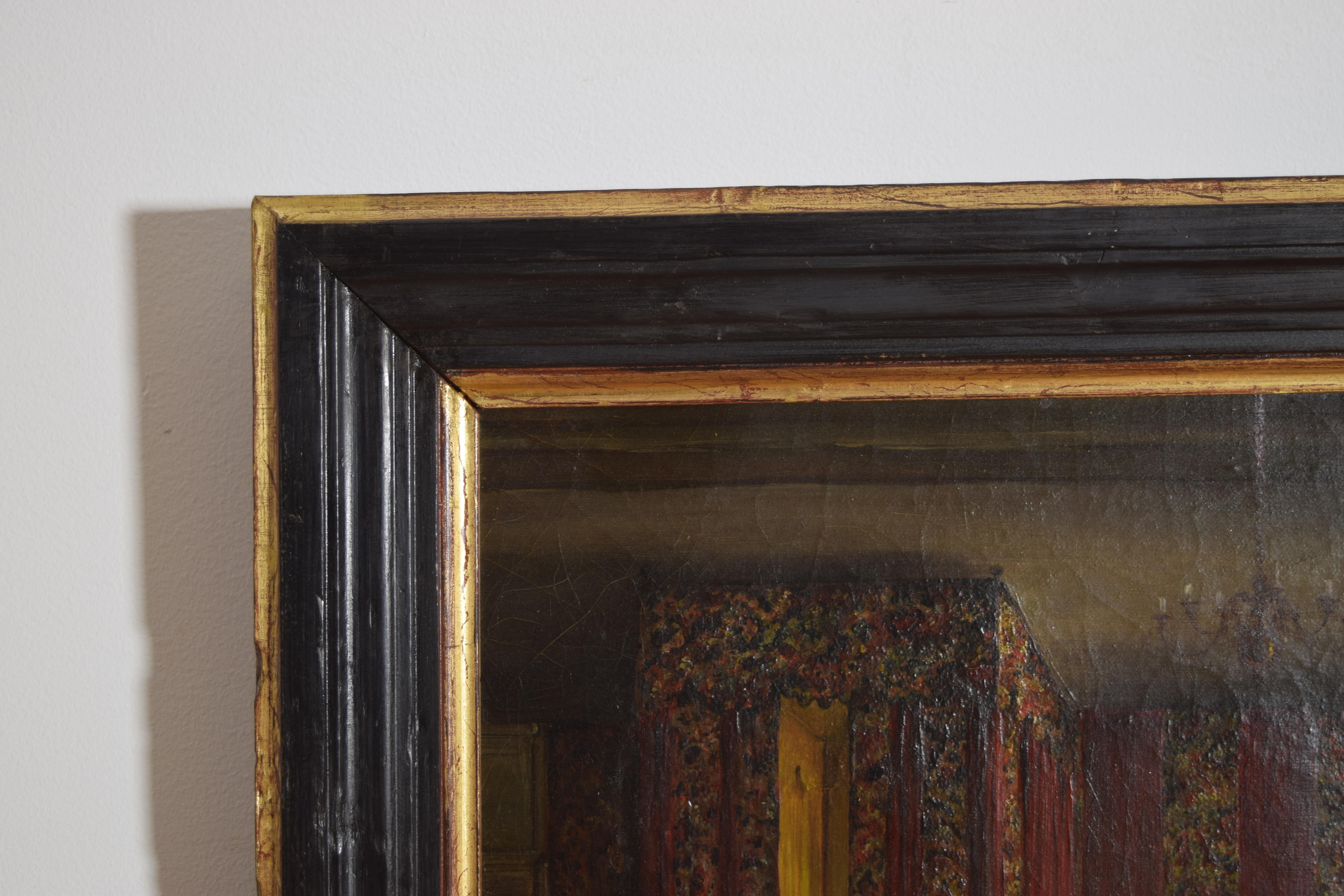 Olio francese su tela, Interno di camera da letto con figura e cane, inizio XIX secolo in vendita 2