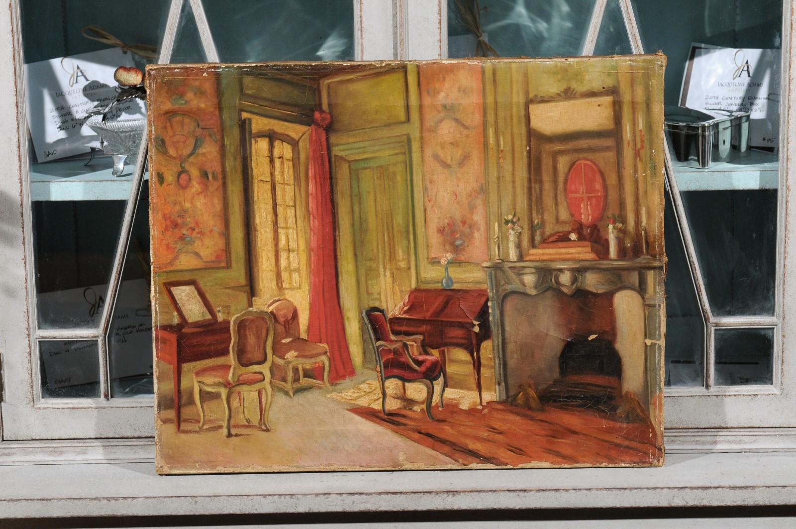A French oil on canvas interior painting from the 20th century, with red and green tones and Louis XV style furniture. Created in France during the 20th century, this unframed oil on canvas painting depicts an elegant interior (possibly a bedroom