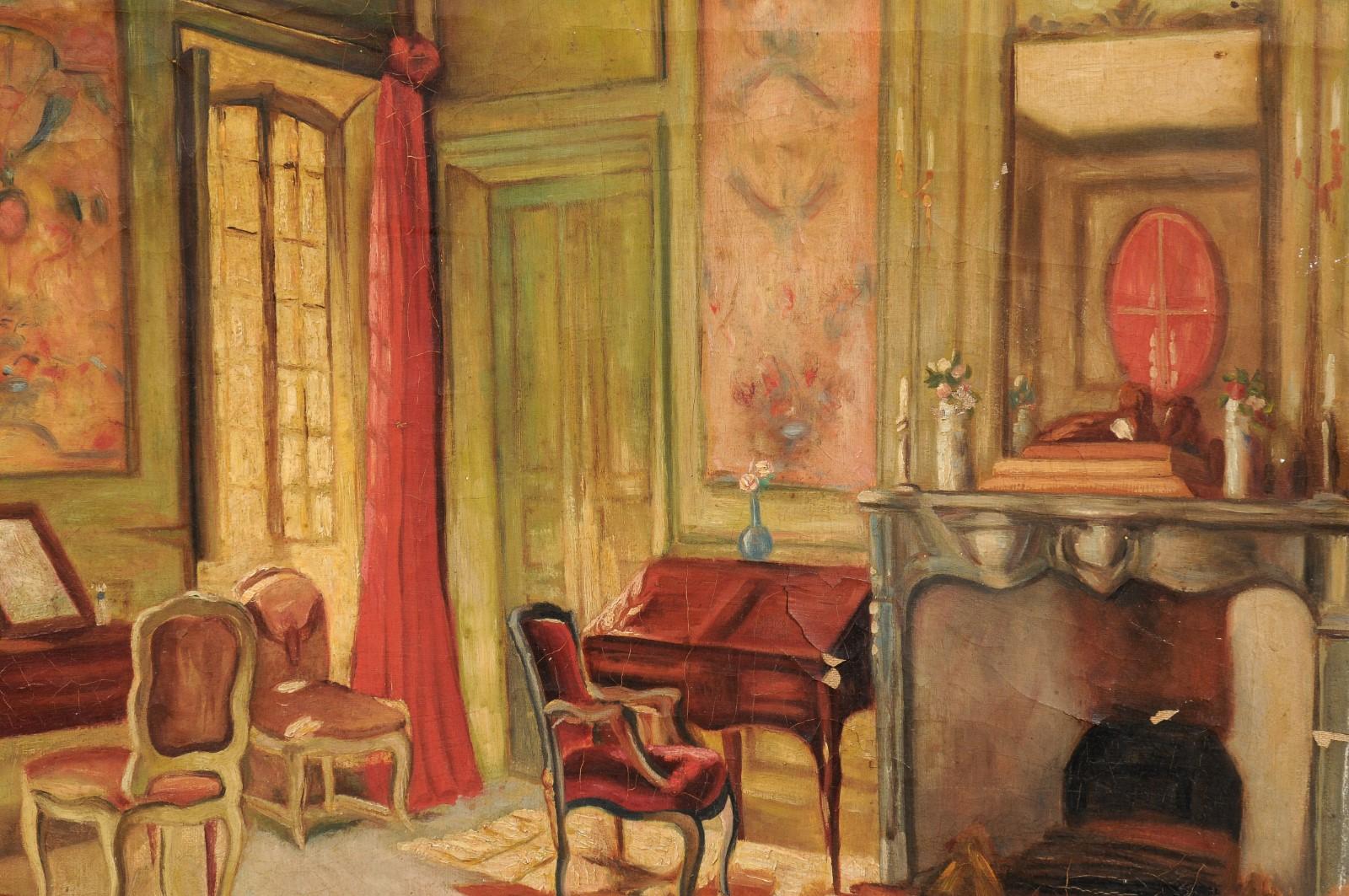 French Oil on Canvas Interior Painting Depicting a Louis XV Style Room In Good Condition In Atlanta, GA