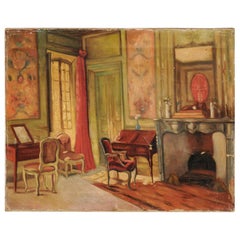 French Oil on Canvas Interior Painting Depicting a Louis XV Style Room