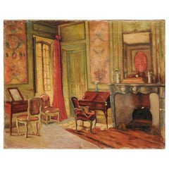 Vintage French Oil on Canvas Interior Painting Depicting a Louis XV Style Room