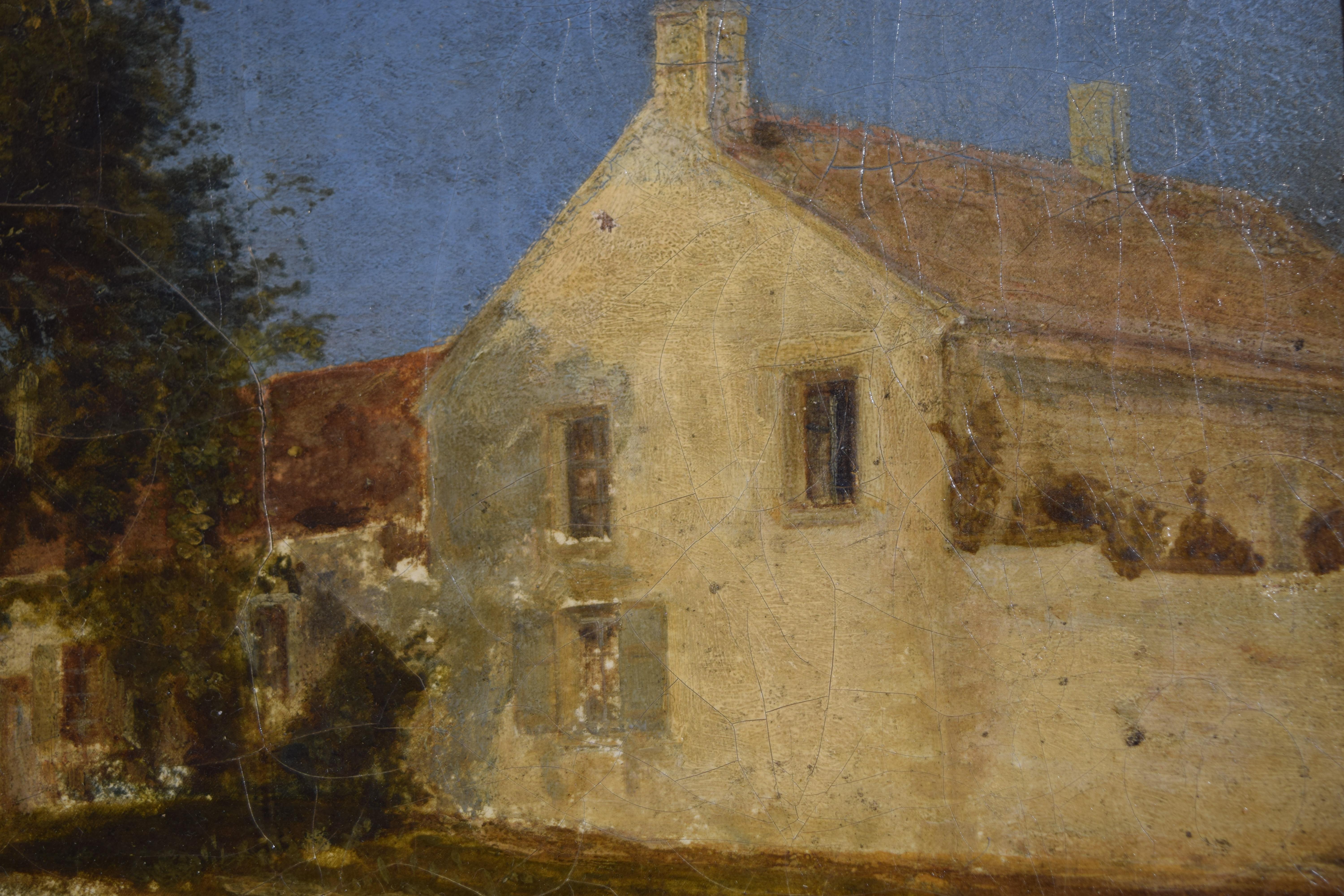 Französisches Öl auf Leinwand, Großer Baum und Bauernhaus in der Provinz, 2. bis 3. (Mittleres 19. Jahrhundert) im Angebot