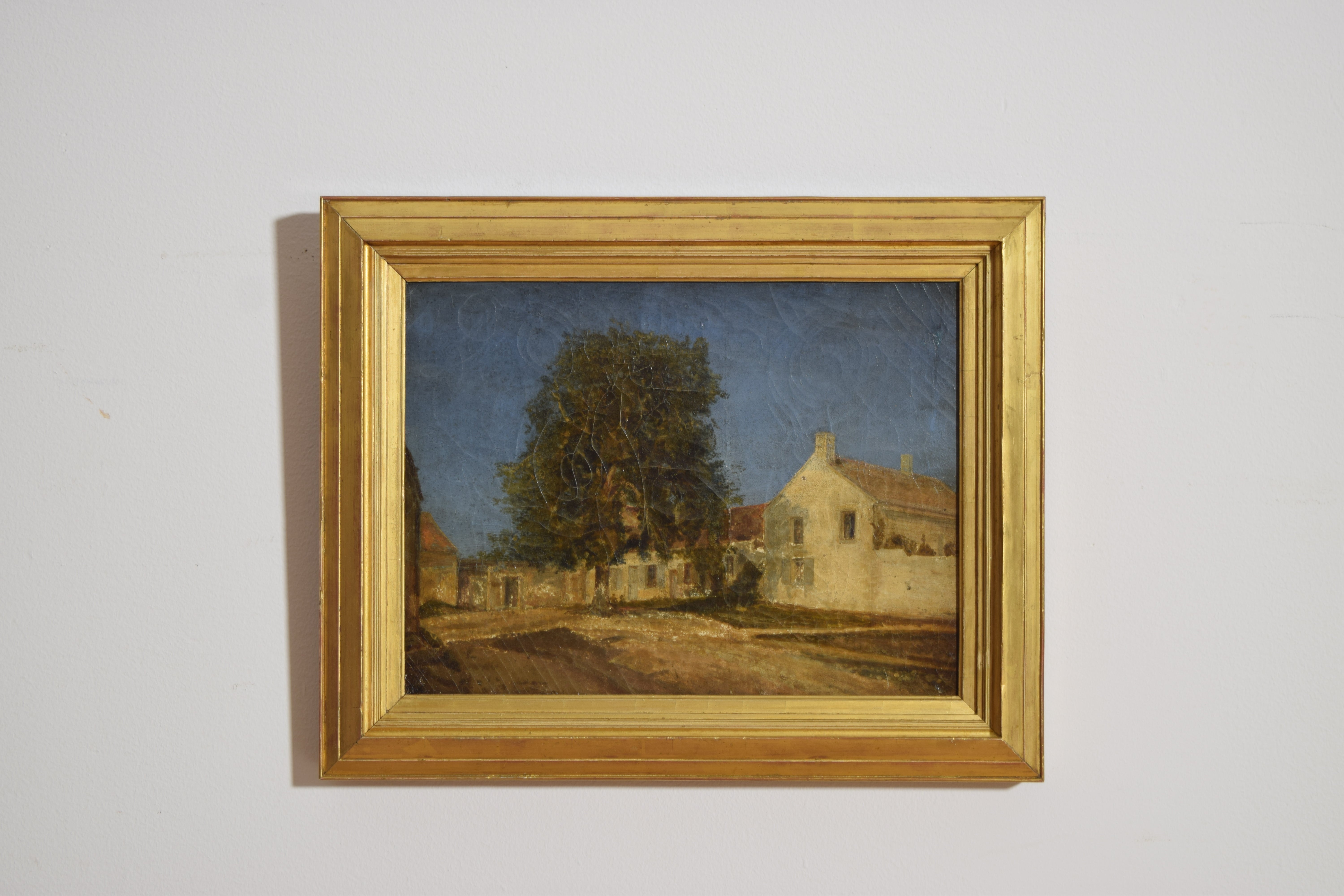 Huile sur toile, grand arbre et ferme provinciale, 2eq 19e siècle