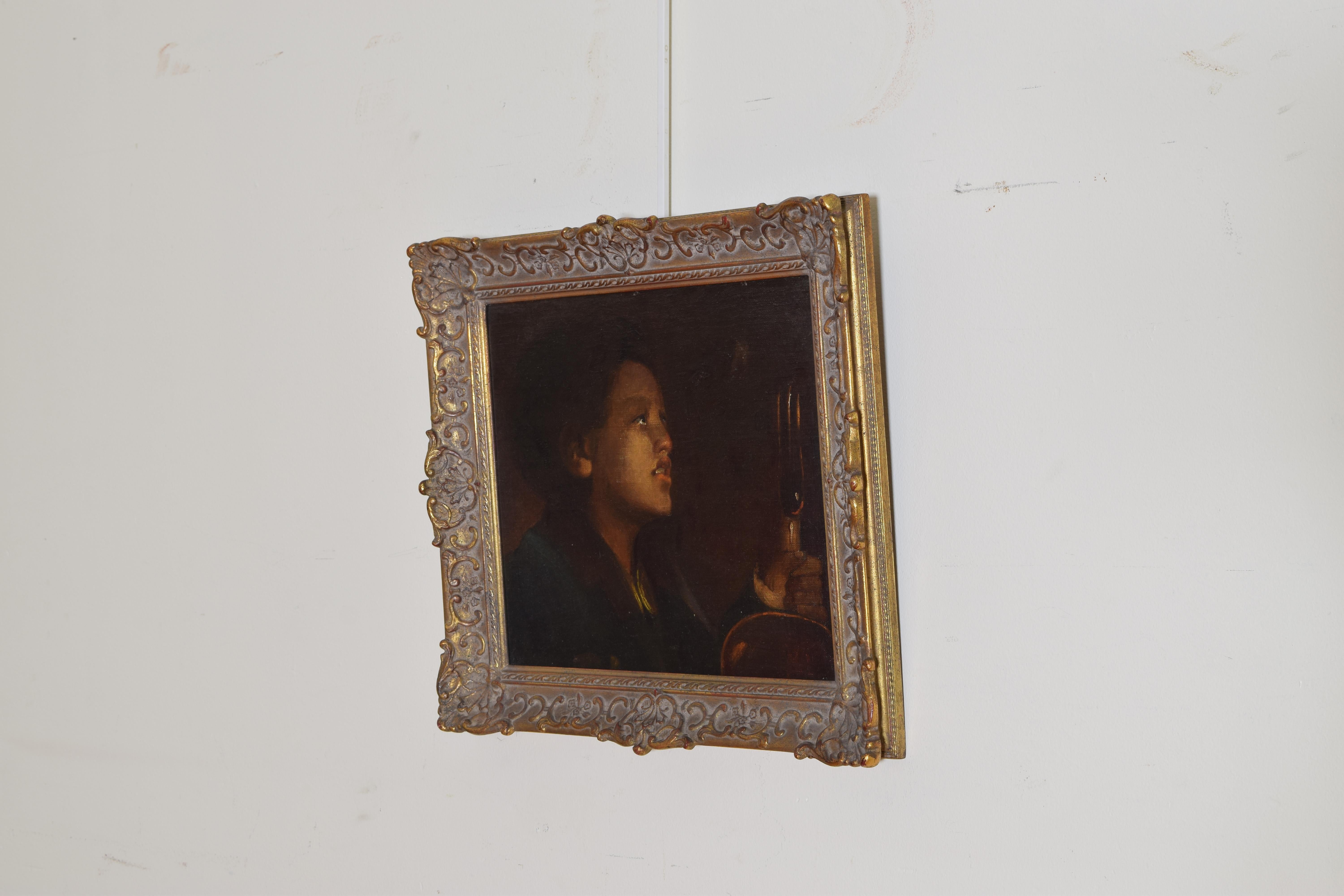 French Oil on Canvas on Board, Baroque Style, Girl in Lamplight, 19th Century In Good Condition For Sale In Atlanta, GA