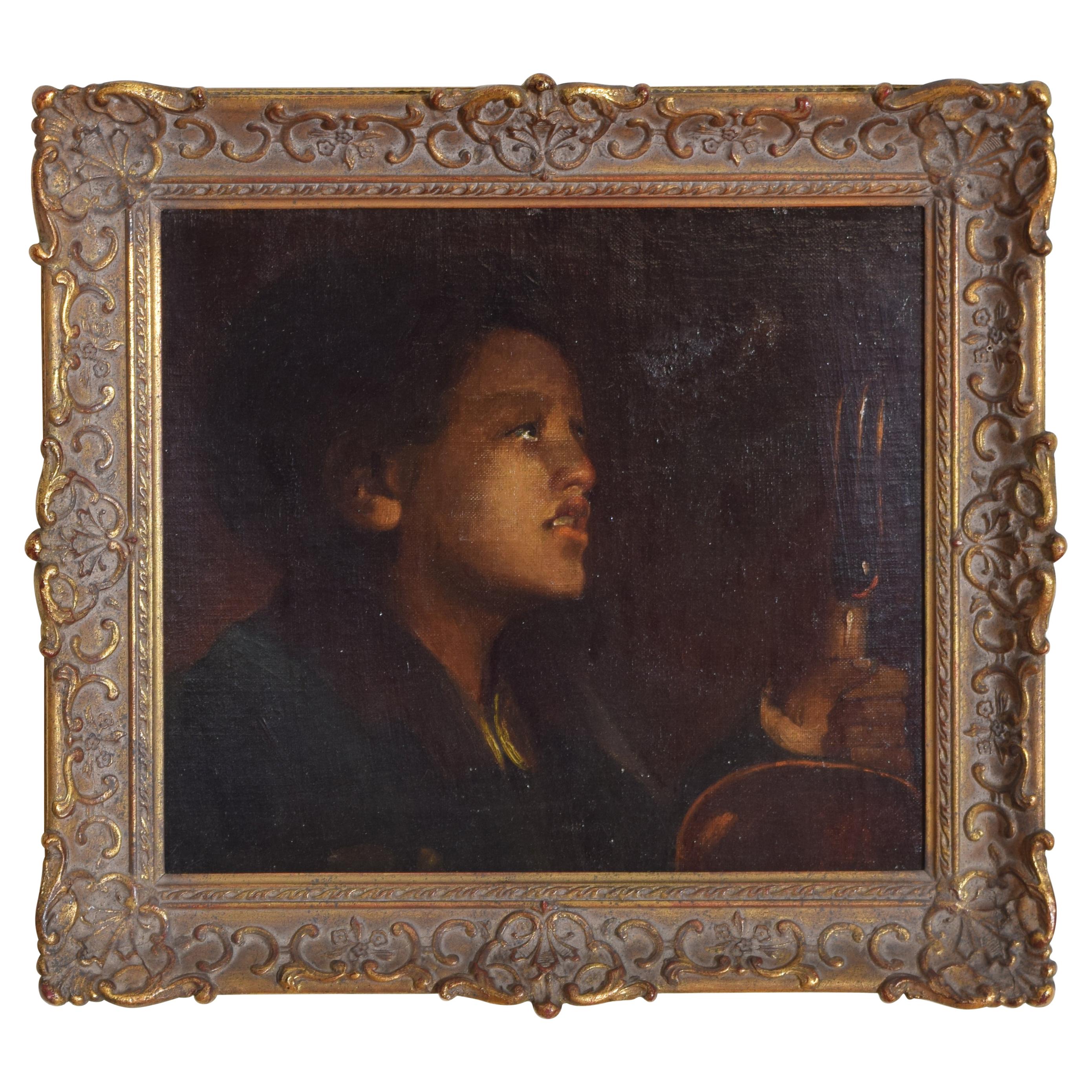 French Oil on Canvas on Board, Baroque Style, Girl in Lamplight, 19th Century For Sale