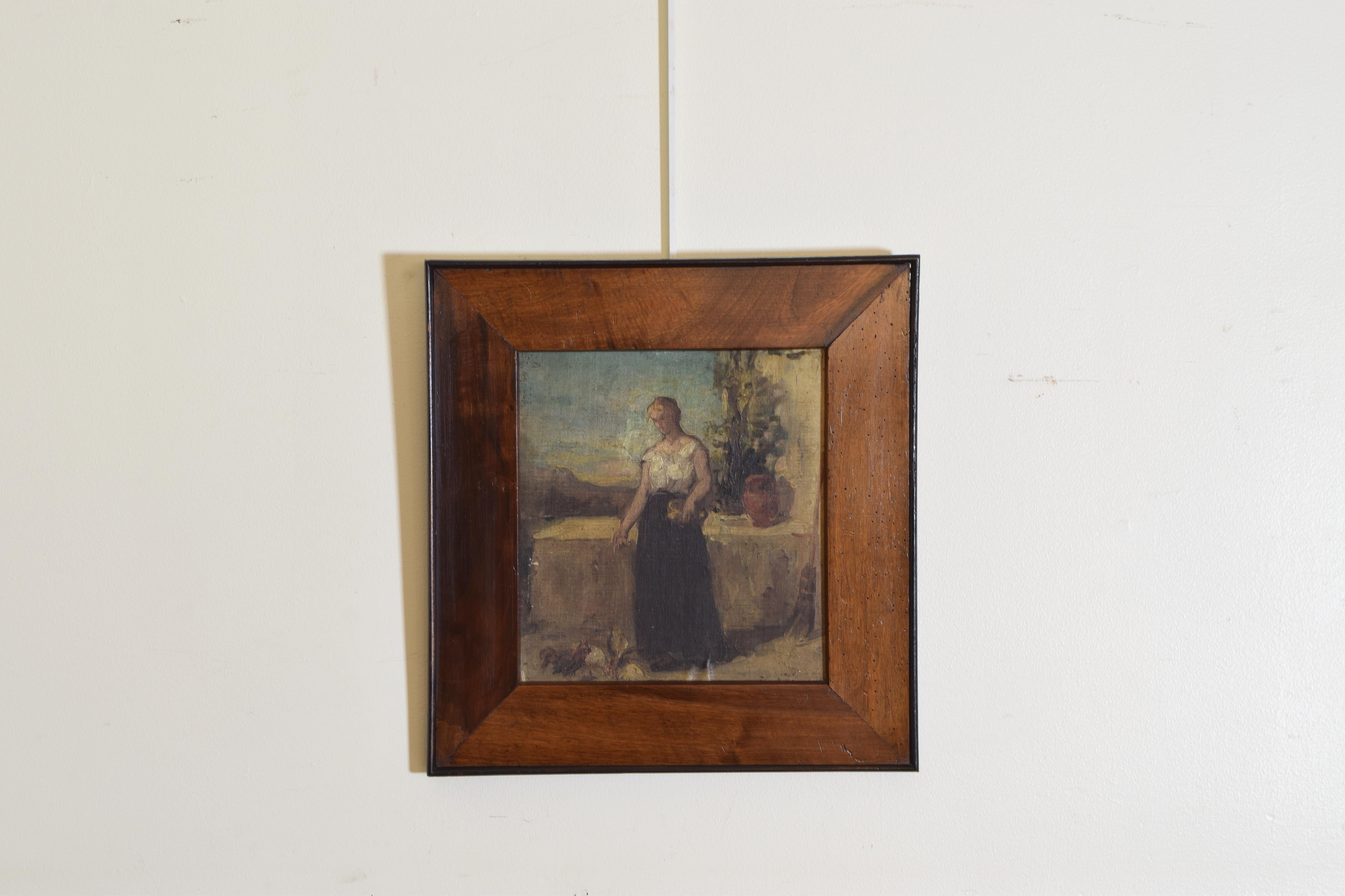 Depicting a woman with a basket feeding chicken within a walled courtyard, framed in a period walnut frame with ebonized molding.