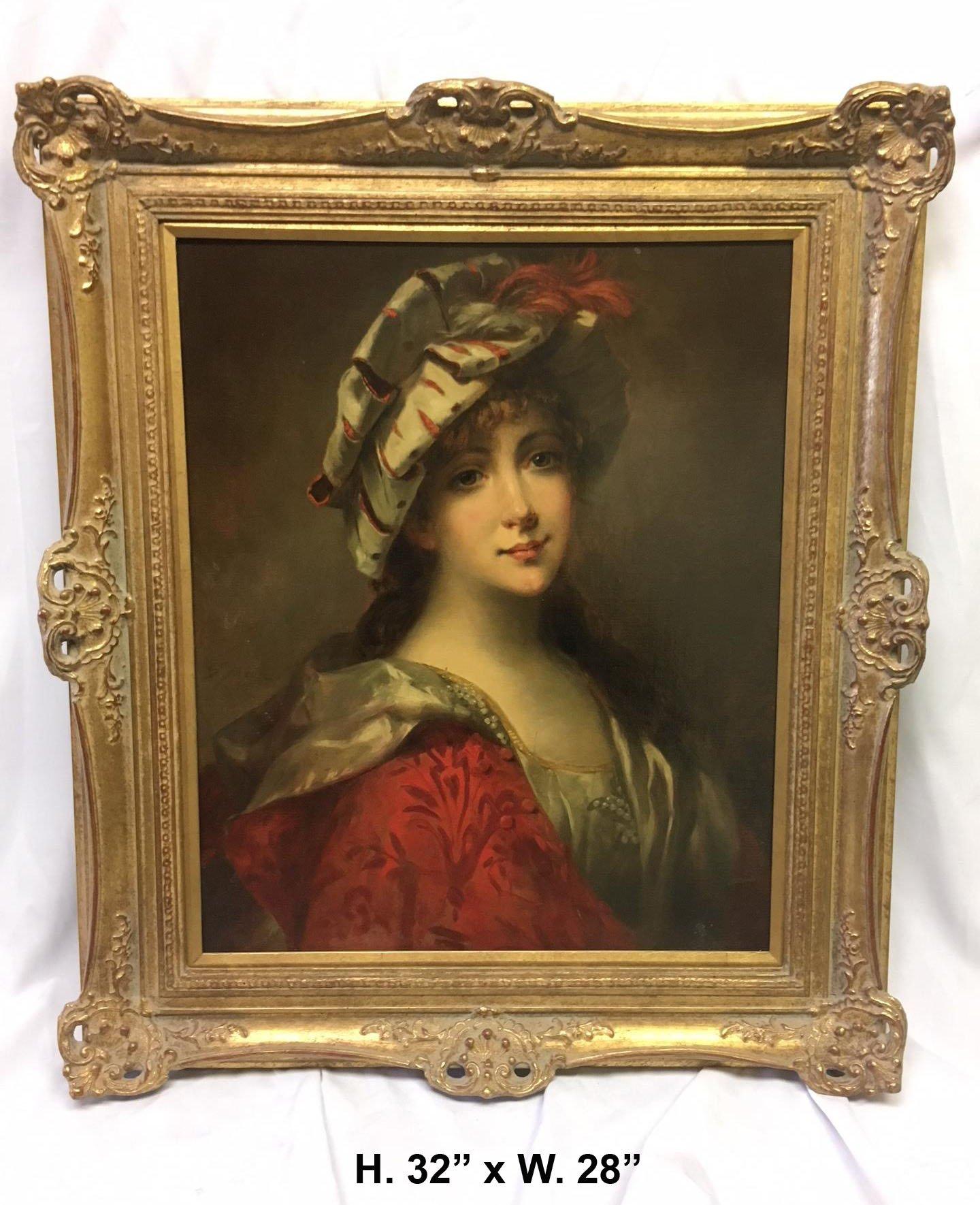 Lovely French oil on canvas portrait painting of an aesthetically pleasing smiling lady wearing traditional clothing. 
Late 19th-early 20th century
Signed by Salvadore Mege (French/Canadian; 1854).
Meticulous attention was given to the details of