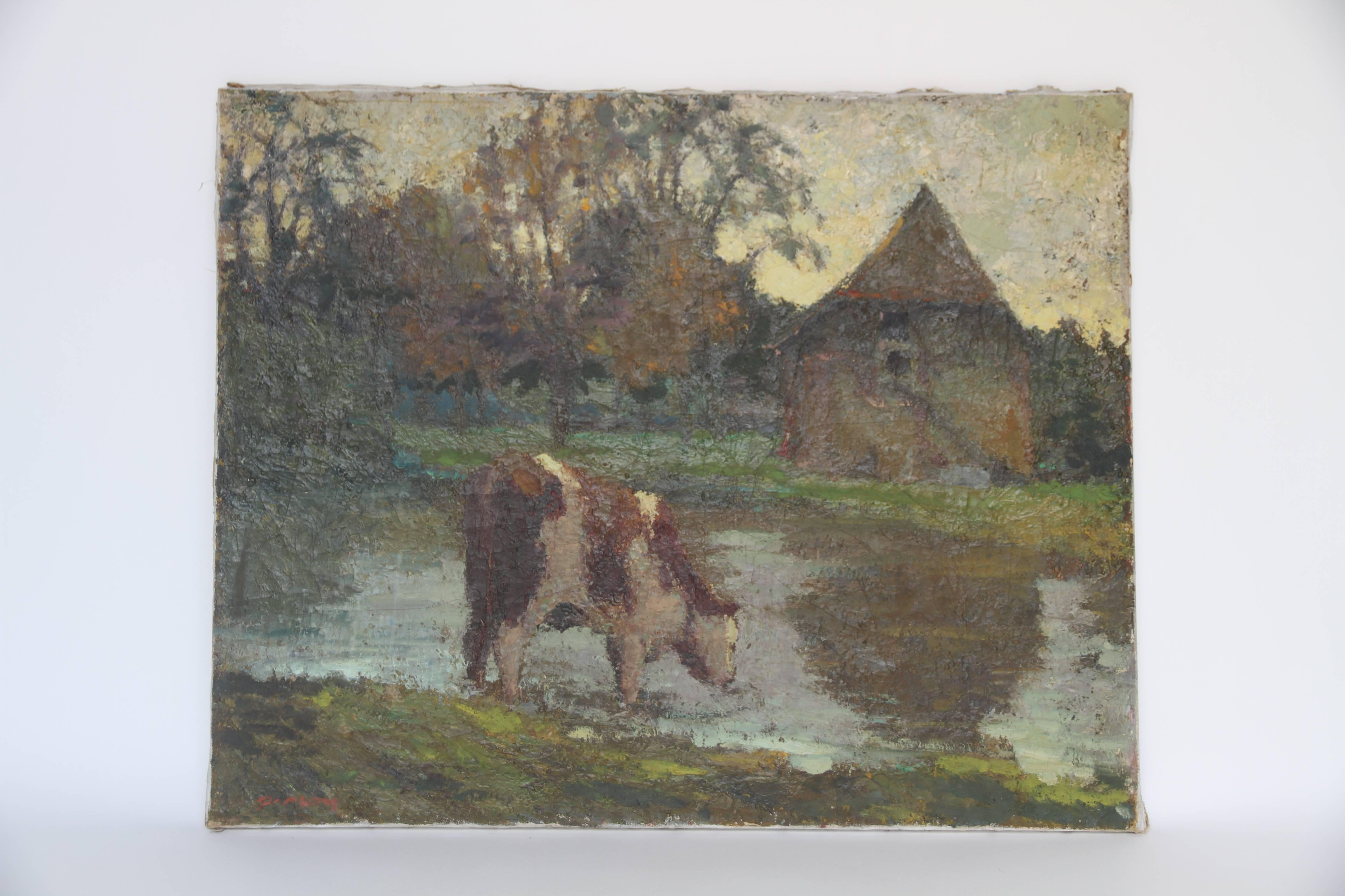 20th Century French Oil on Canvas Painting, Cow in Pasture