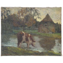 French Oil on Canvas Painting, Cow in Pasture