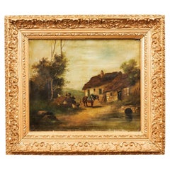 French Oil on Canvas Painting Depicting a Serene Barnyard Scene in Gilded Frame