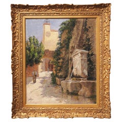 Peinture à l'huile sur toile française d'une fontaine de rue en Provence, signée L. Mery