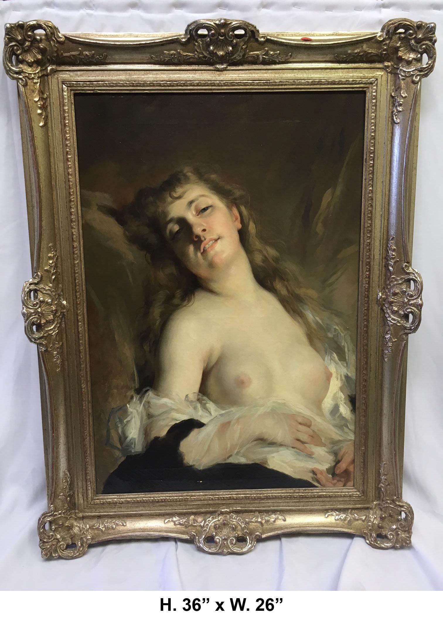 Truly exquisite oil on canvas painting of a semi-nude woman in light garments. 
Meticulous attention was given to the facial expression and hair. Finely done. 
Late 19th century.
Framed. 
Unsigned. After 