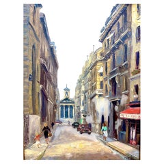Peinture française à l'huile sur toile représentant une rue de Paris, fin du XXe siècle
