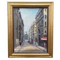Peinture française à l'huile sur toile représentant une rue de Paris, fin du XXe siècle