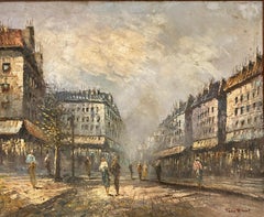 French Oil on Canvas Painting Paris Street Scene by Jean Ribout