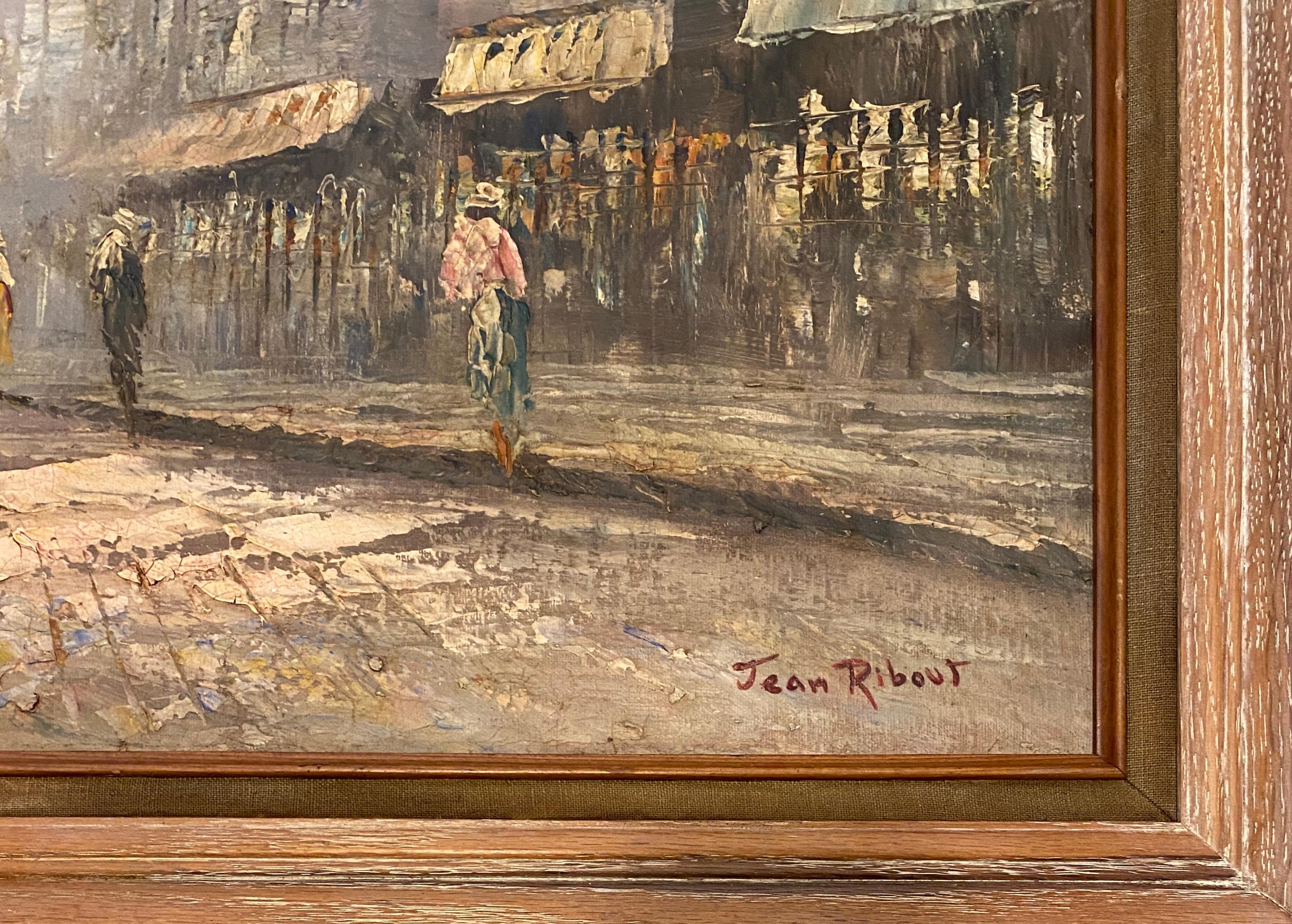 Pittura francese olio su tela Scena di strada a Parigi di Jean Ribout In condizioni buone in vendita a Miami, FL