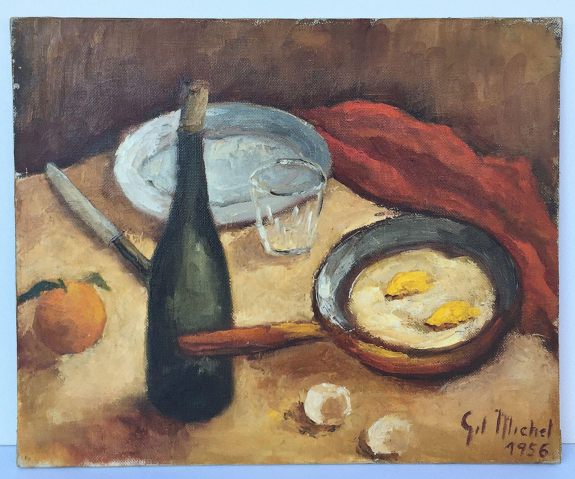 A fine vintage French oil painting on unframed canvas of a table setting, featuring a food scene of a pan with eggs, an orange, and a bottle of wine, entitled 'Le Casse-Croûte' - meaning a light meal or snack in French.

Signed at the bottom: Gil