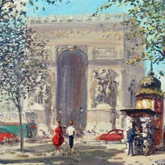 Huile sur toile française Paysage de la ville de Paris Arc de Triomphe en bois doré:: Signé
