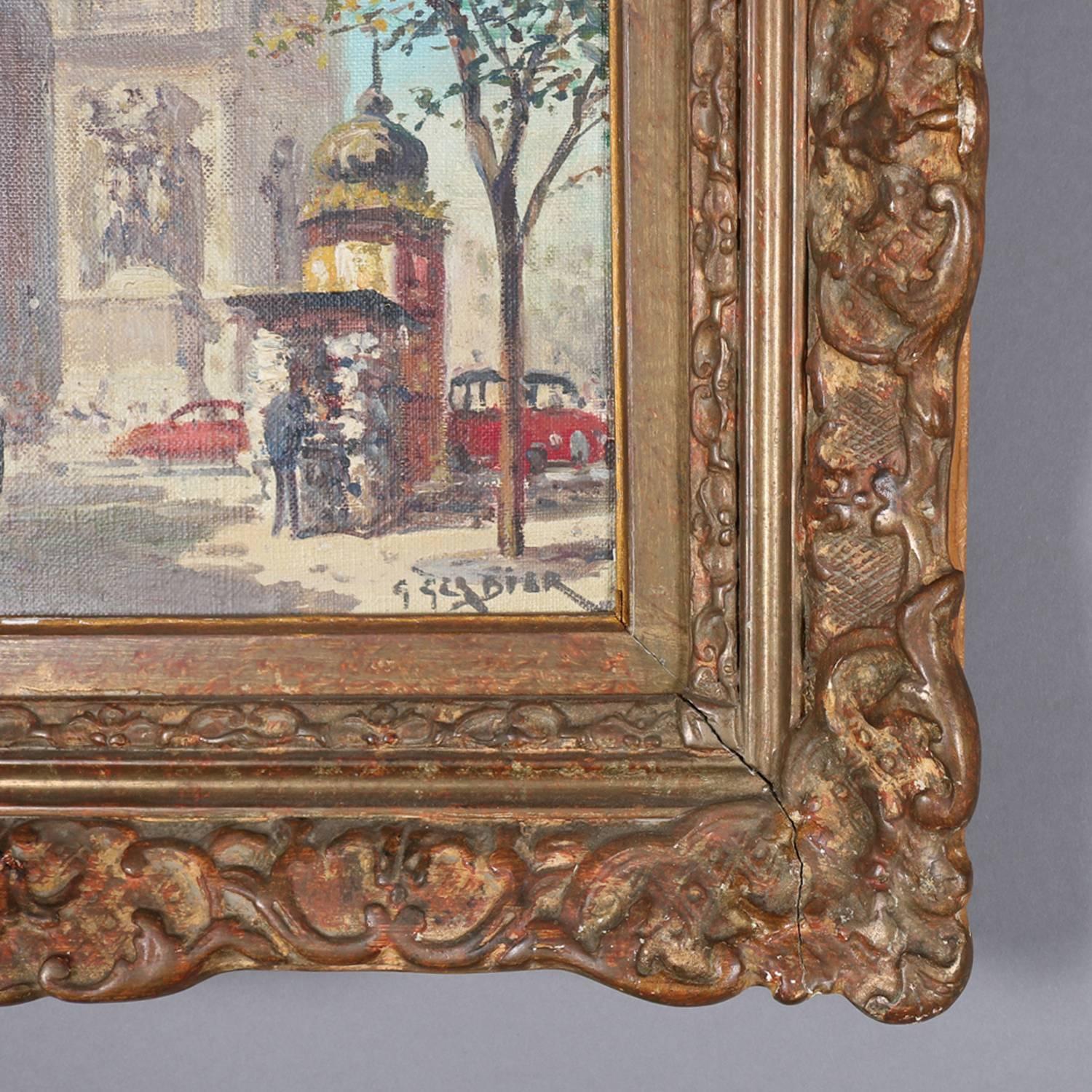 French Oil on Canvas Paris Cityscape Arc De Triomphe in Giltwood, Signed In Good Condition In Big Flats, NY