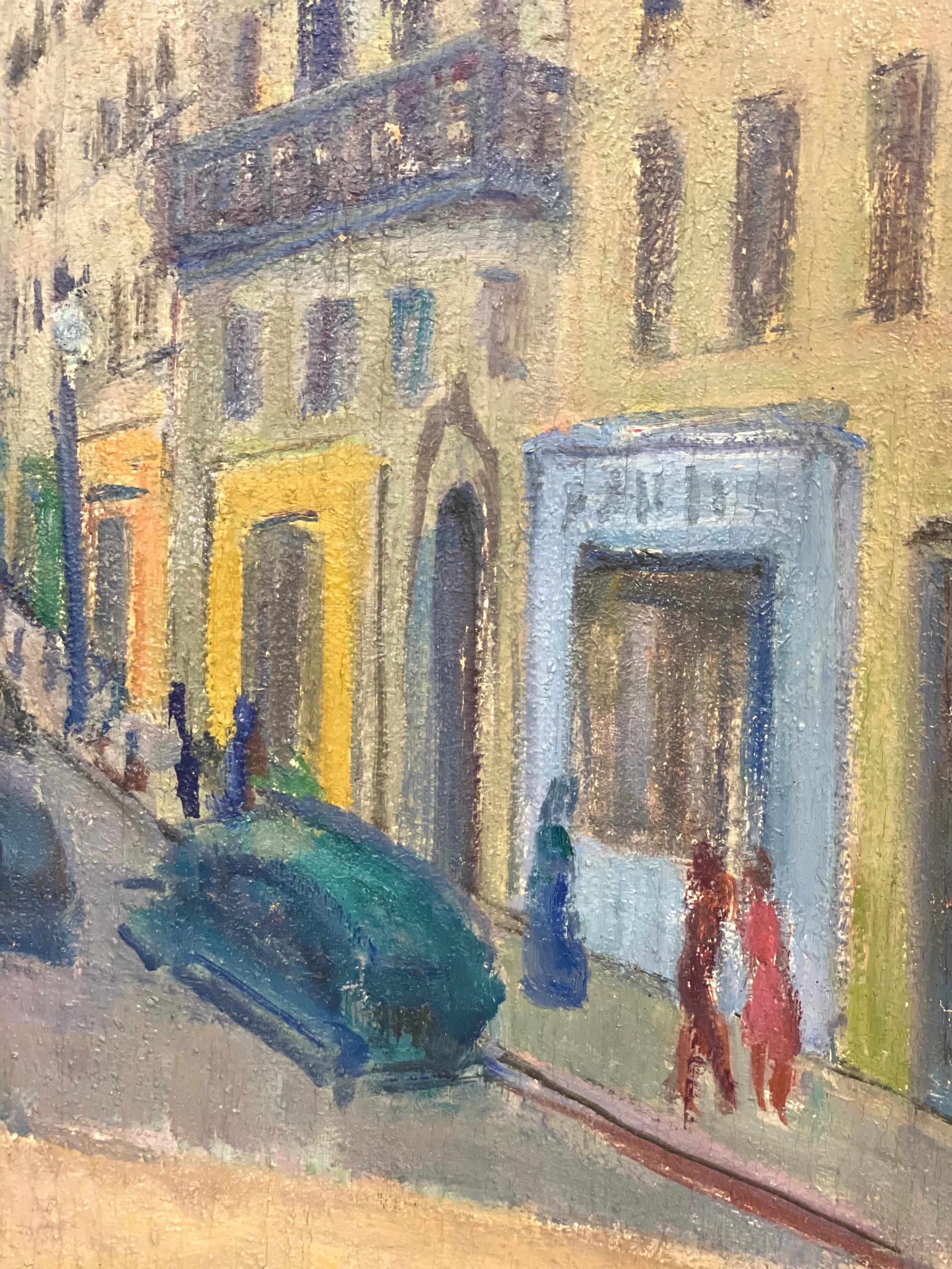 Oil on canvas: A vibrant street scene of “Paris, Montmartre”, by Marseille artist Louis Audibert (1880-1983). 
Depicting a typical Parisian street, lined with residential apartments above colourful shopfronts, the gleaming white domes of the Sacré