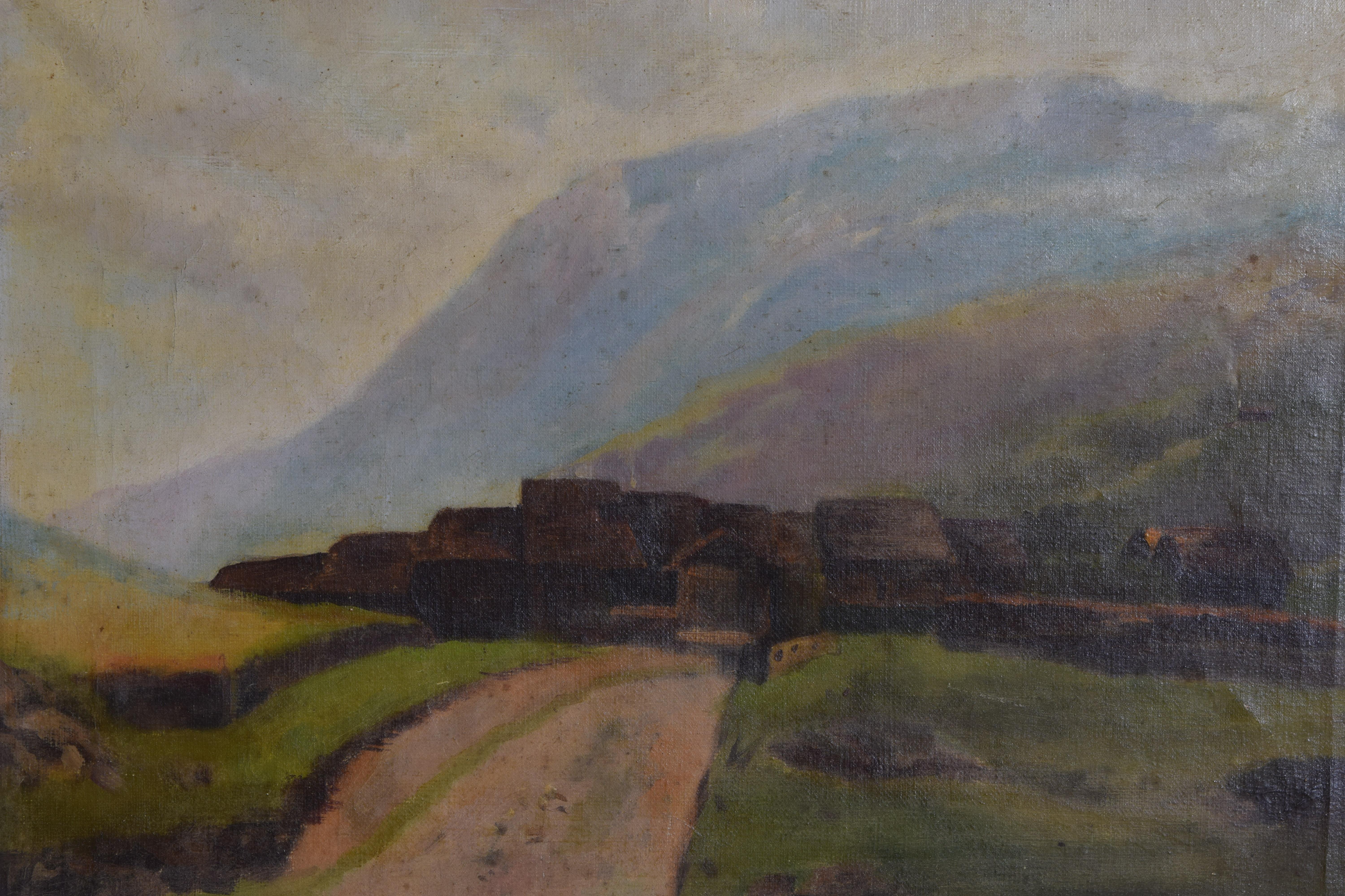 20ième siècle Huile sur toile française, chemin menant à un village dans un paysage montagneux, 20e siècle en vente