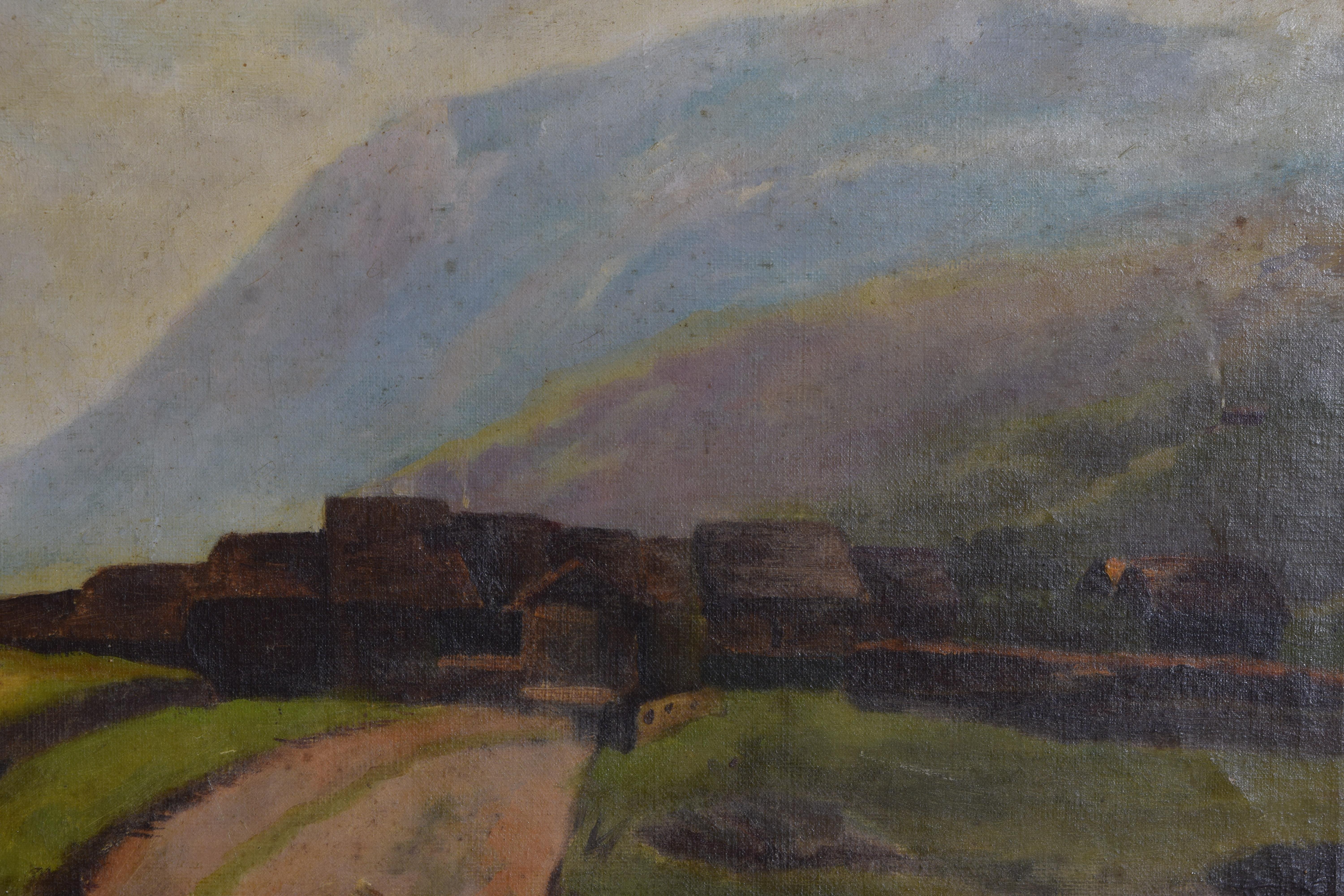 Bois doré Huile sur toile française, chemin menant à un village dans un paysage montagneux, 20e siècle en vente