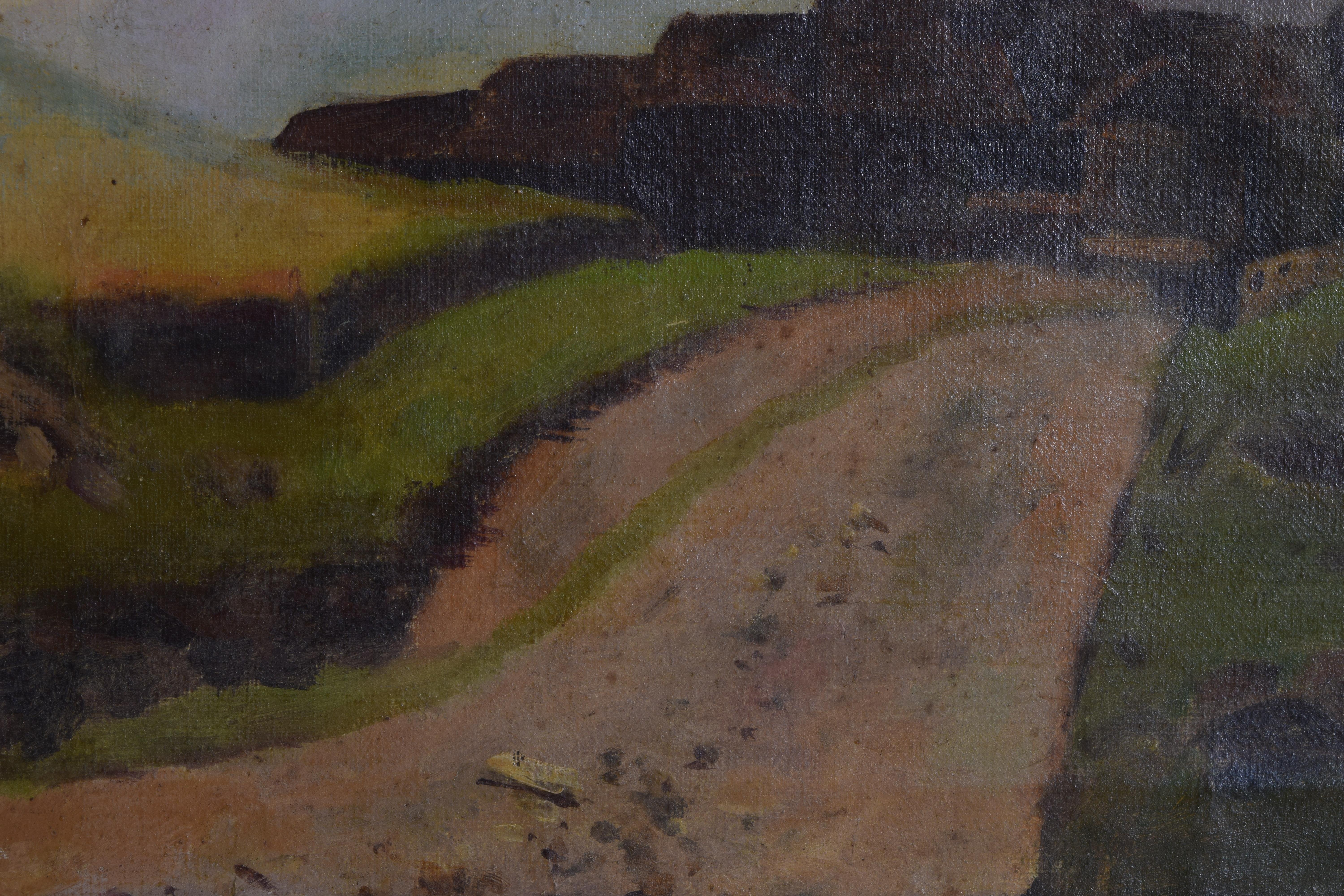 Huile sur toile française, chemin menant à un village dans un paysage montagneux, 20e siècle en vente 1