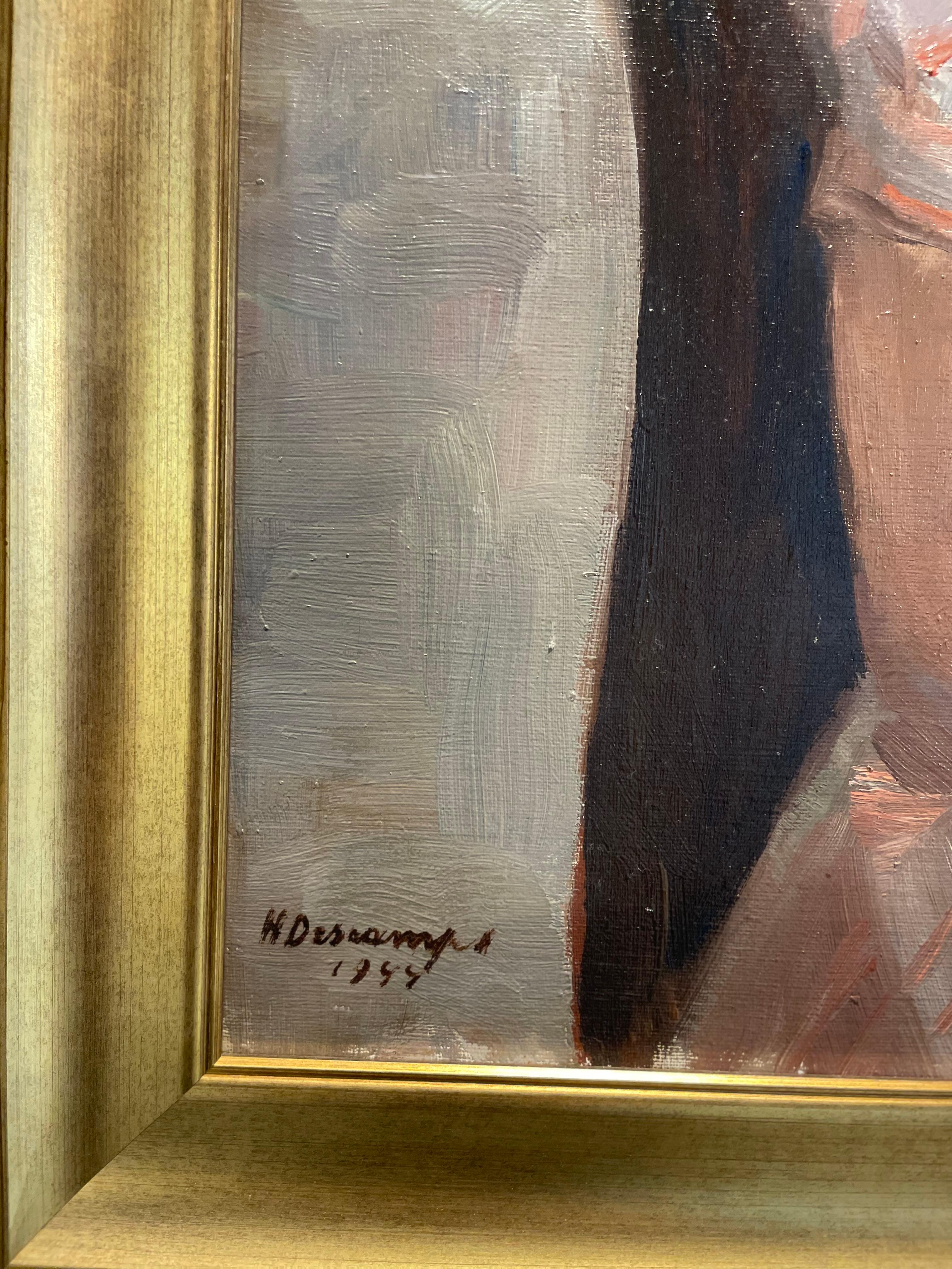 French Oil on Canvas Portrait H. Descamps In Good Condition For Sale In palm beach, FL