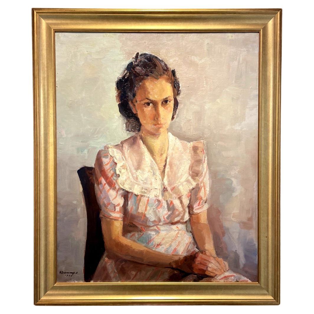 French Oil on Canvas Portrait H. Descamps For Sale