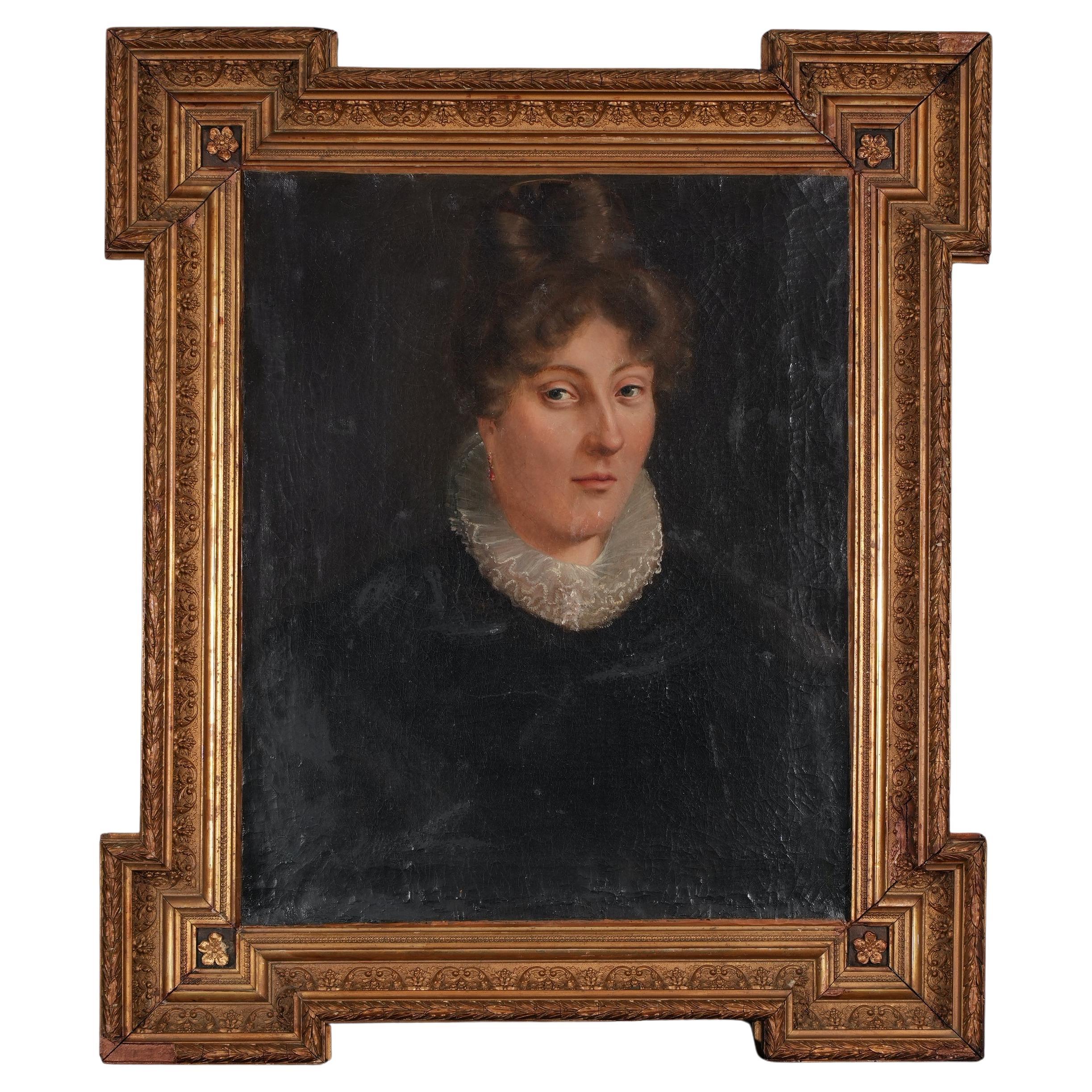 Óleo francés sobre lienzo Retrato de mujer c. 1835 en venta