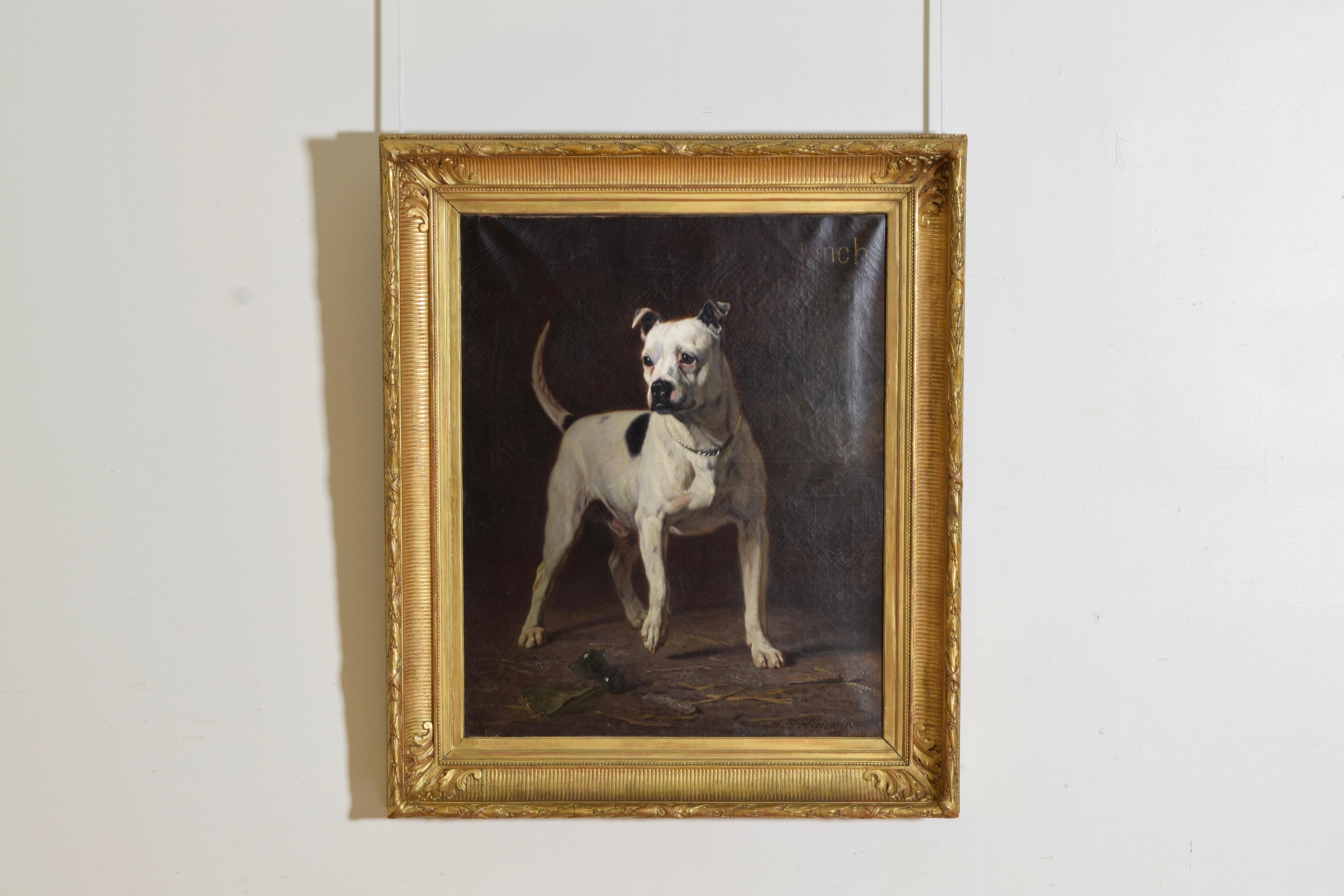 un magnifique portrait peint de Punch le terrier, un nocturne représentant ce canidé rude et tumultueux en position d'attente, une bouteille cassée à ses pieds, Punch portant ce qui semble être un collier en argent sterling, signé D'Haussy, dans son