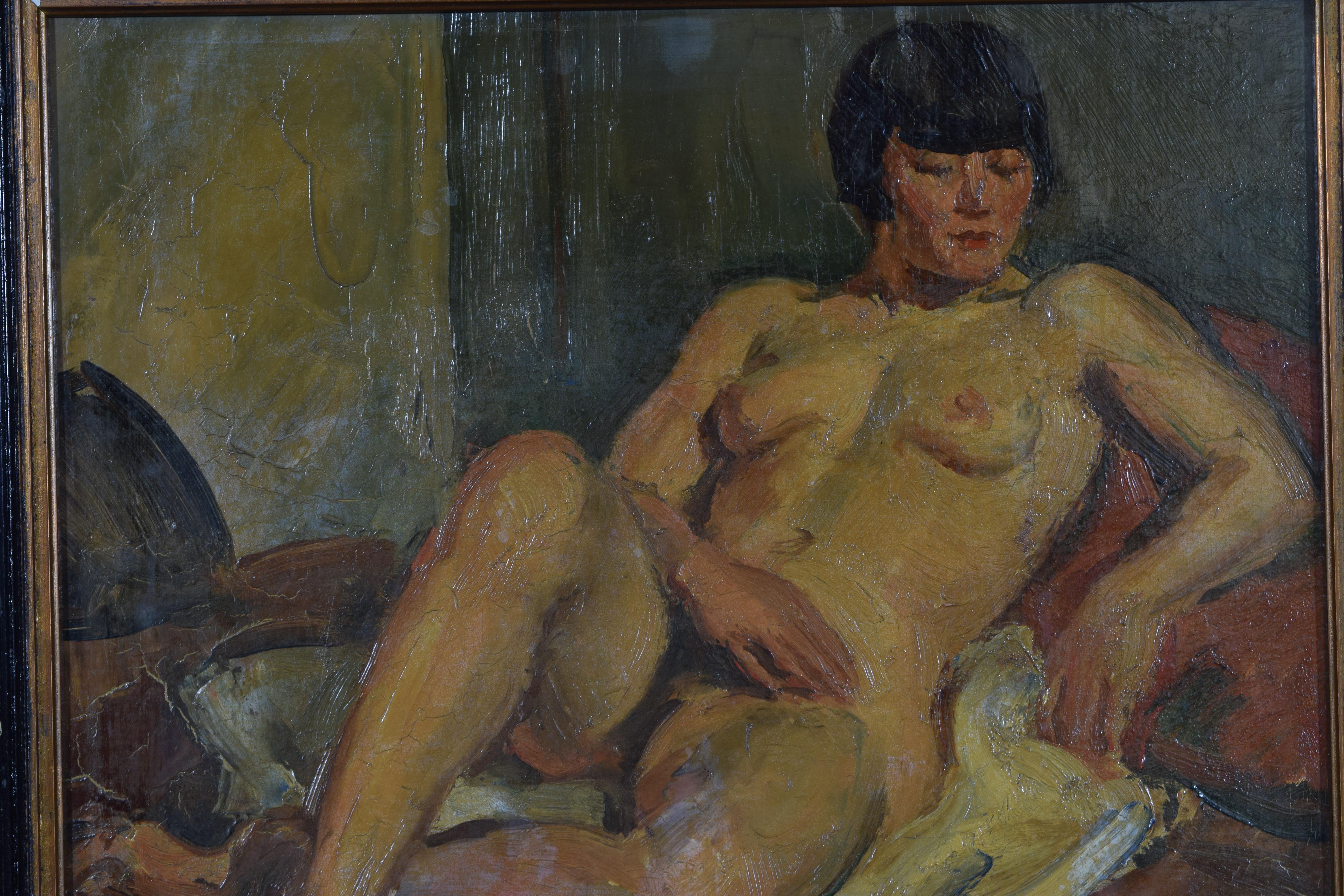 Mid-20th Century French Oil on Canvas, Reclining Nude, Second Quarter of the 20th Century For Sale