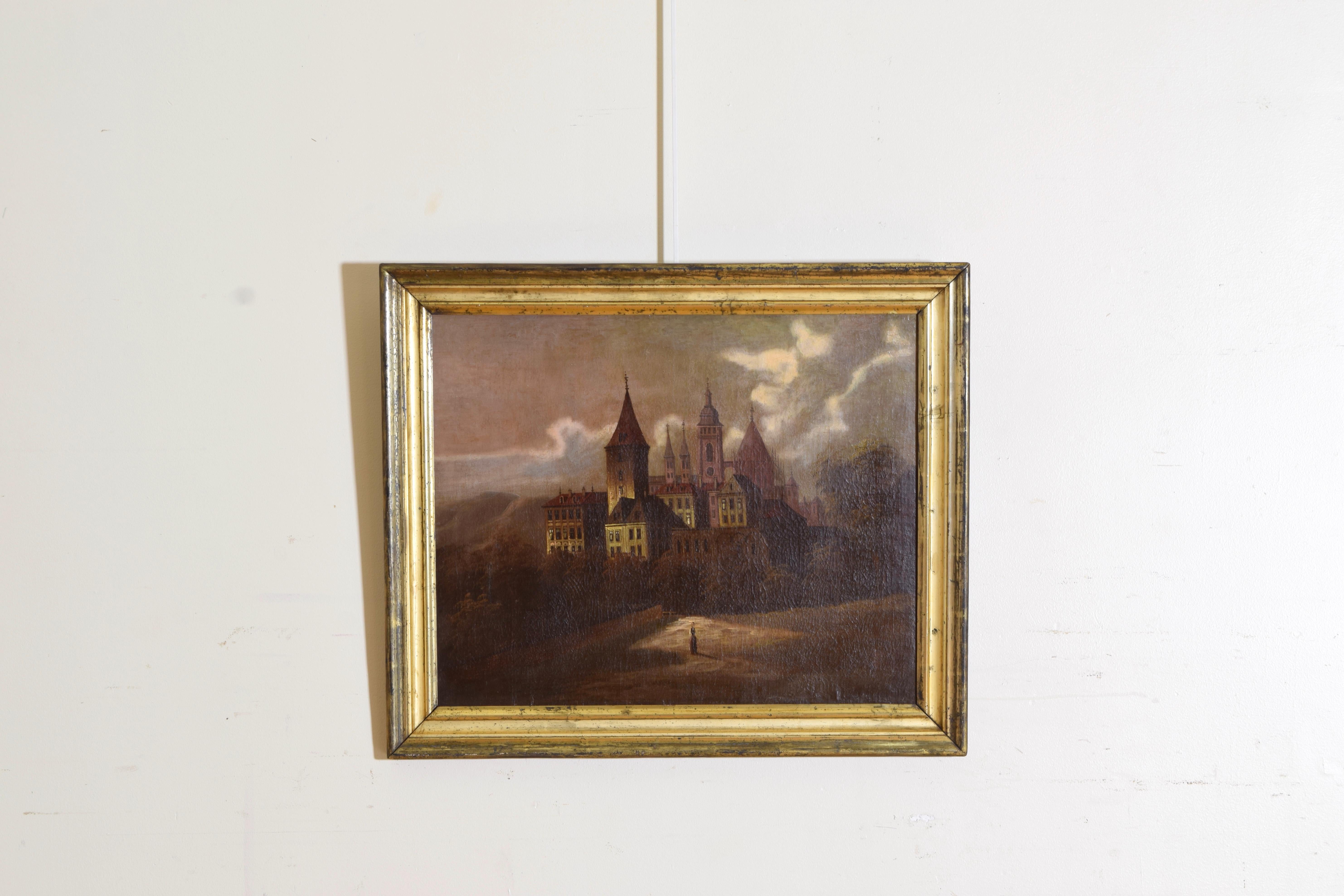 a painting is worth a thousand words, but this finely painted work depicts a village with steepled buildings with a fast moving cloudy sky at dusk with a solitary figure at the foreground, in period beautifully gilded original frame.