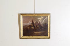 Huile sur toile française, Village and Lone Figure, dans un cadre d'époque en bois doré, vers 1835