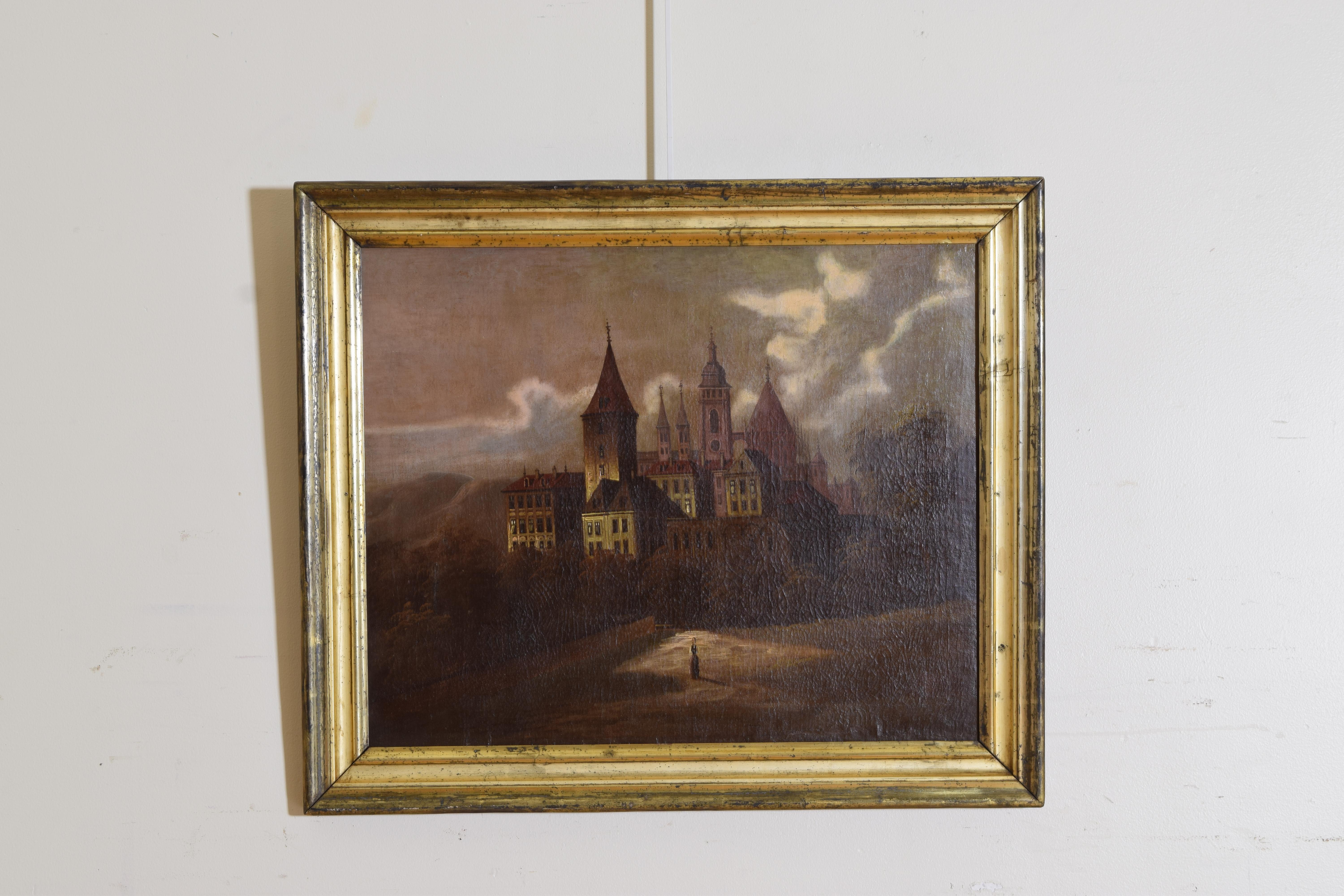 Louis Philippe French Oil on Canvas, Village and Lone Figure, in period Giltwood Frame, ca.1835 For Sale