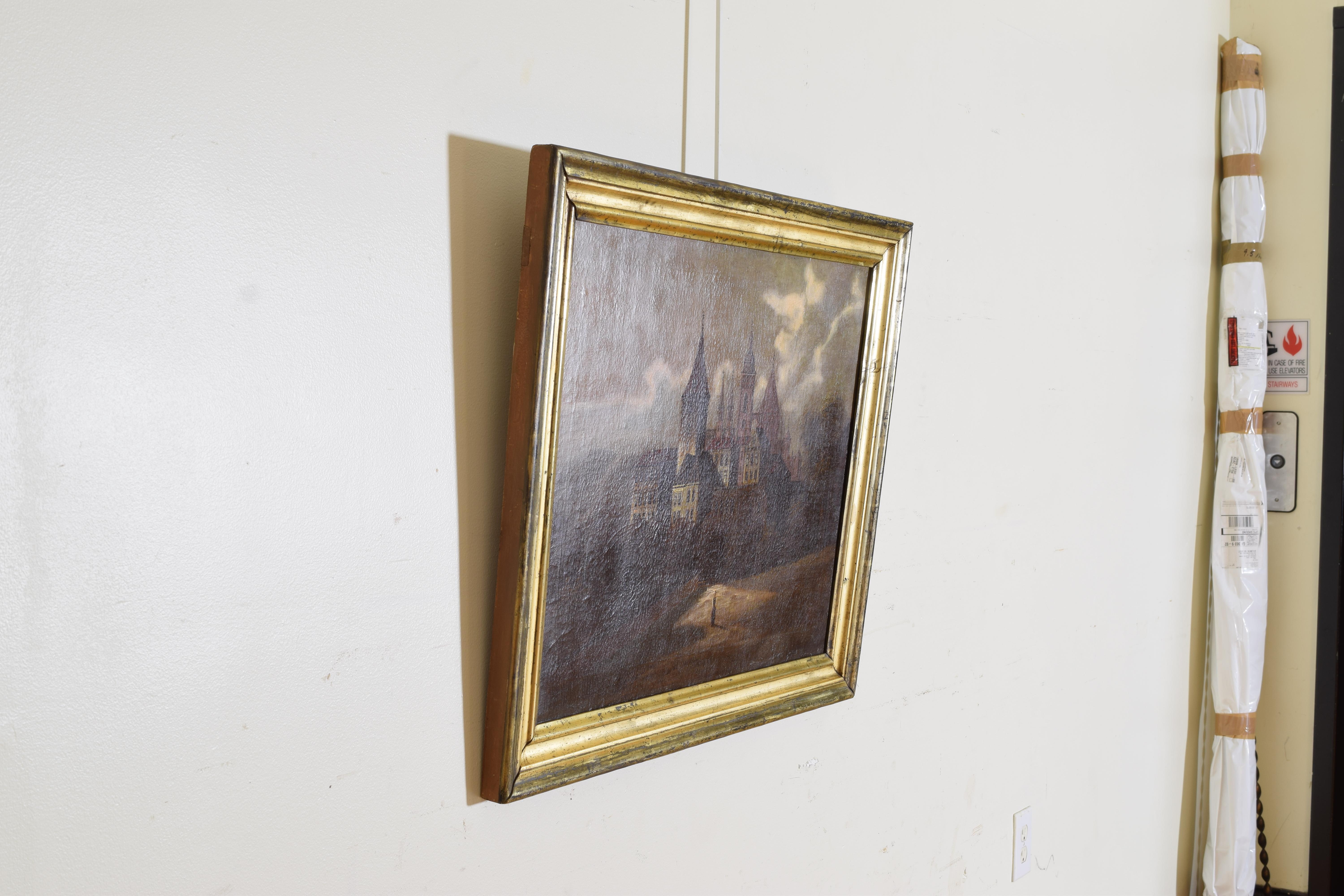 French Oil on Canvas, Village and Lone Figure, in period Giltwood Frame, ca.1835 In Good Condition For Sale In Atlanta, GA