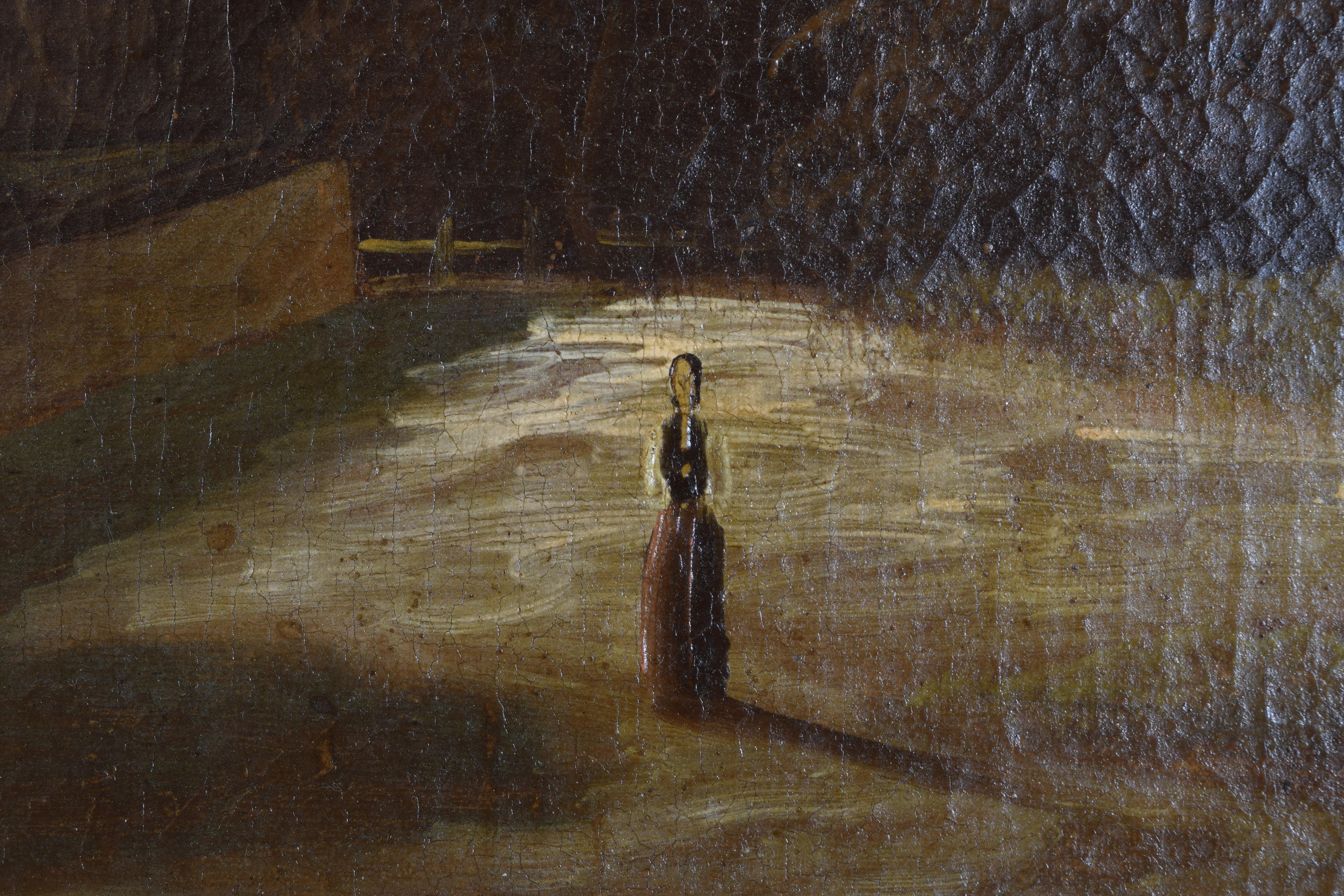 French Oil on Canvas, Village and Lone Figure, in period Giltwood Frame, ca.1835 For Sale 1
