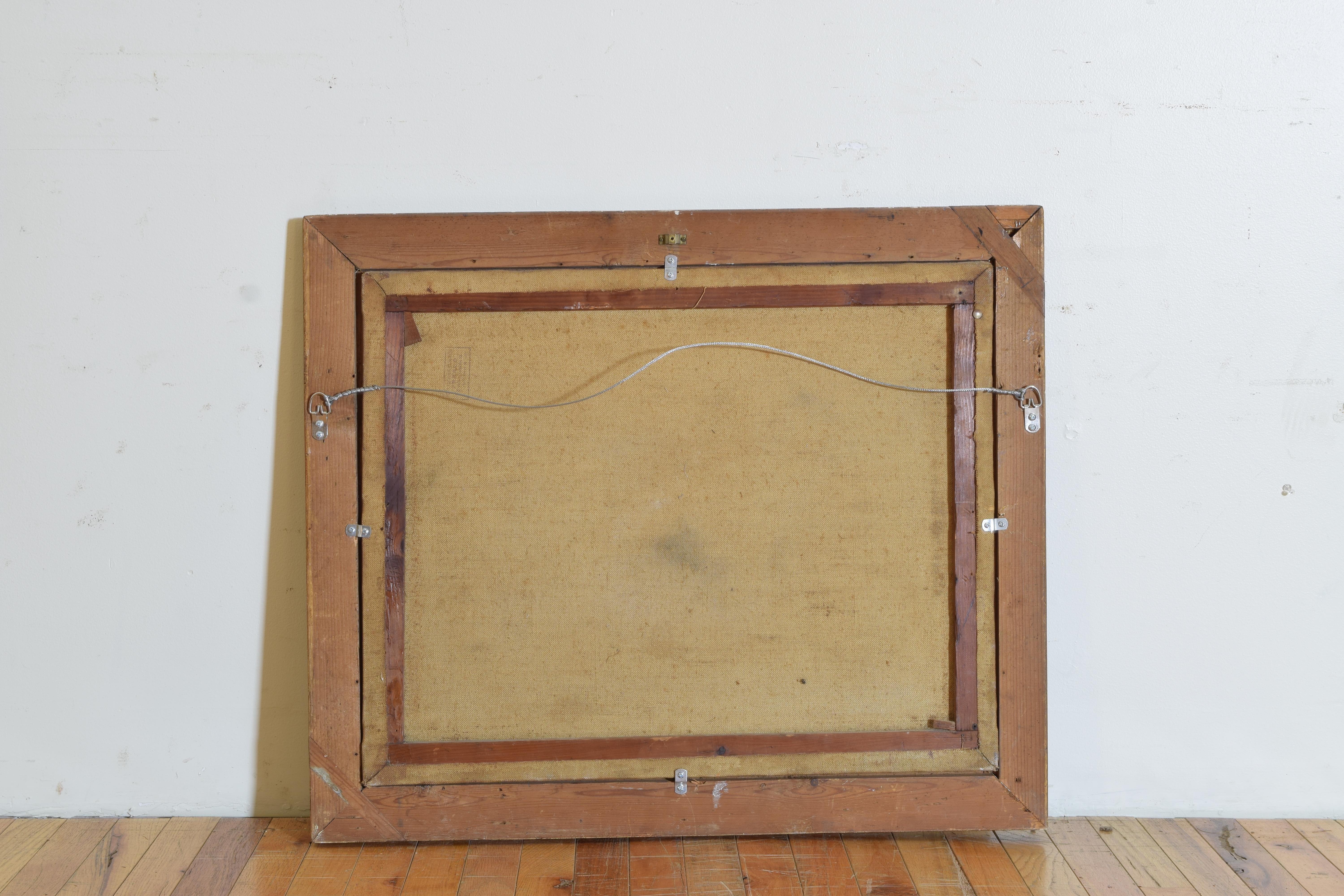 French Oil on Canvas, Village and Lone Figure, in period Giltwood Frame, ca.1835 For Sale 2