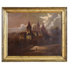 Olio francese su tela, Villaggio e figura solitaria, in cornice d'epoca in legno dorato, 1835 ca.