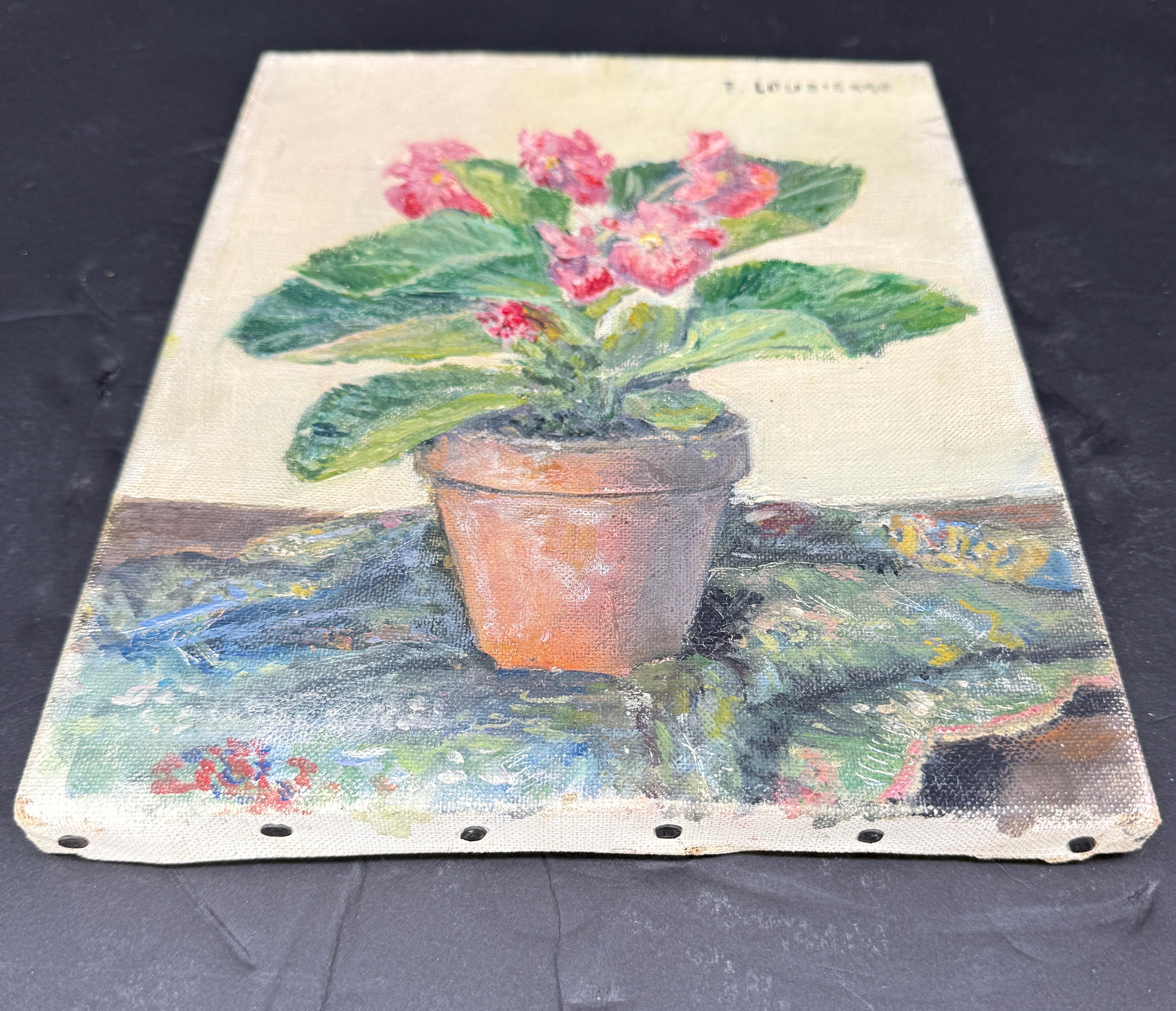 Französisches Ölgemälde auf Leinwand mit Blumentopf in Paris, signiert (Handbemalt) im Angebot