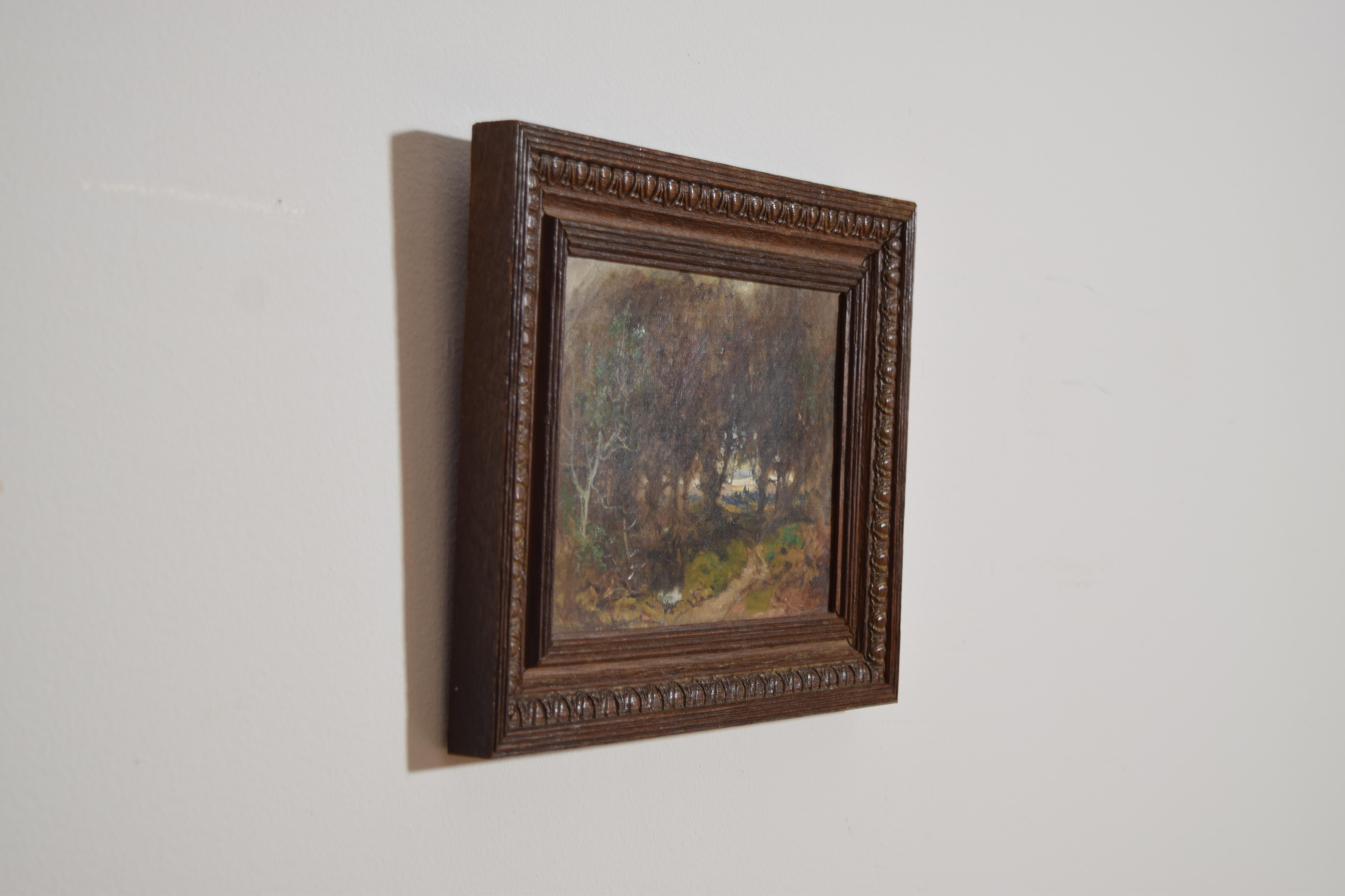 Französisches Öl auf Leinwand, Waldweg mit Dorf in der Ferne, Mitte 19. (Frühviktorianisch) im Angebot