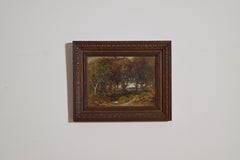 Huile sur toile, chemin forestier avec village au loin, milieu du XIXe siècle