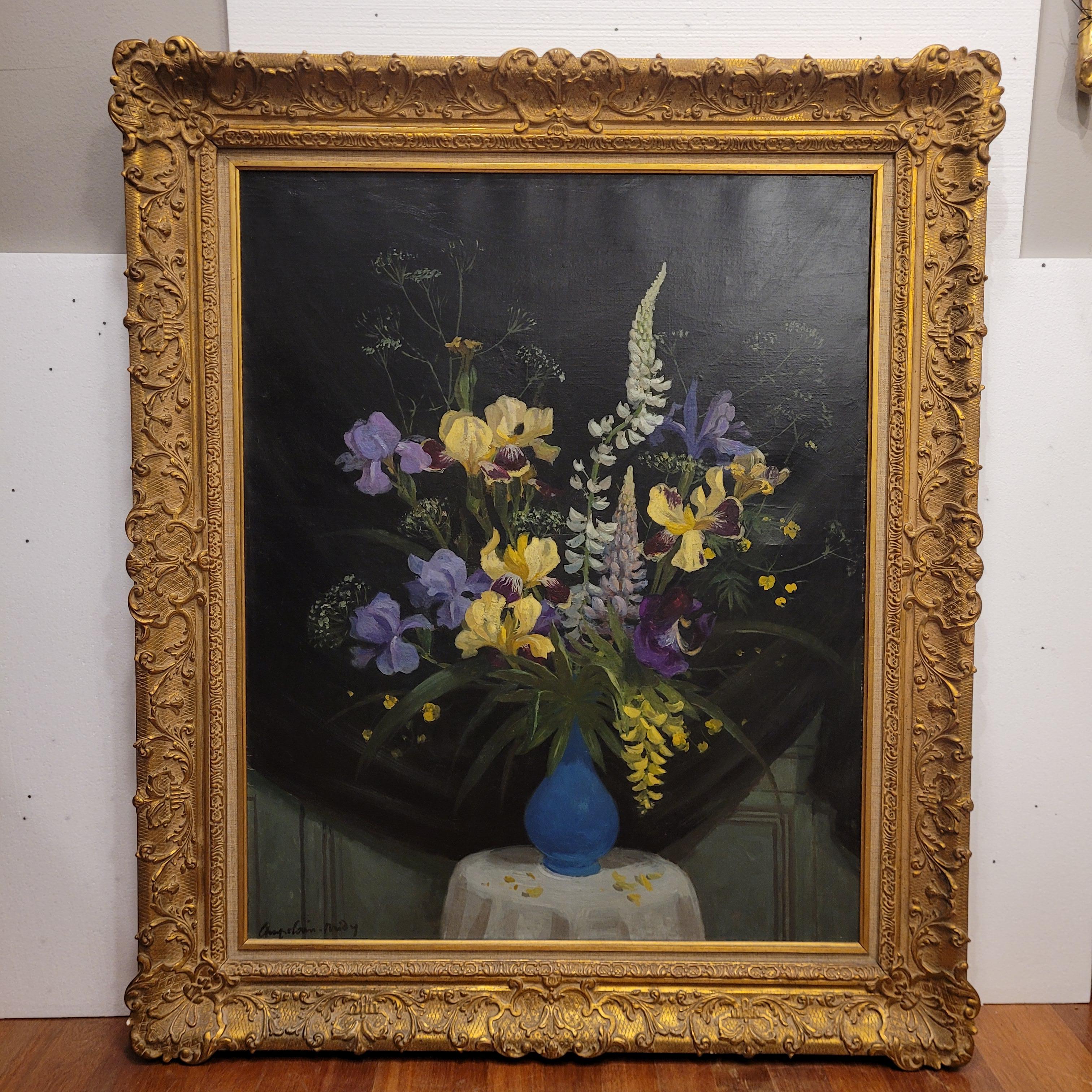 French Oil on Canvas Yellow blue Still llife ROGER CHAPELAIN-MIDY signed (Mitte des 20. Jahrhunderts) im Angebot